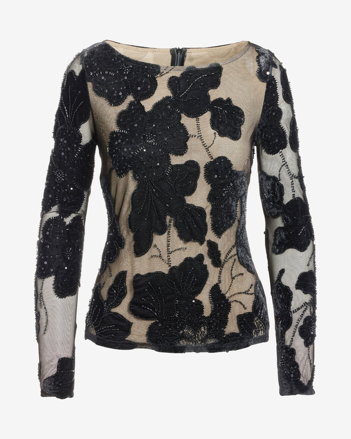 Flower Applique Mesh Long Sleeve Knit Top Proper Black