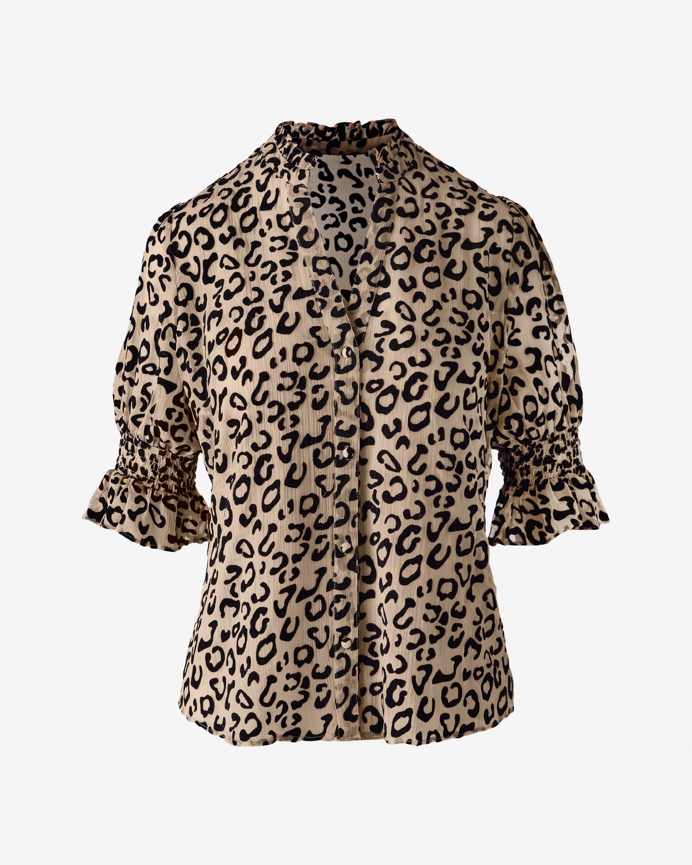 Leopard Burnout Ruffle Collar Short Sleeve Blouse Nude/Black