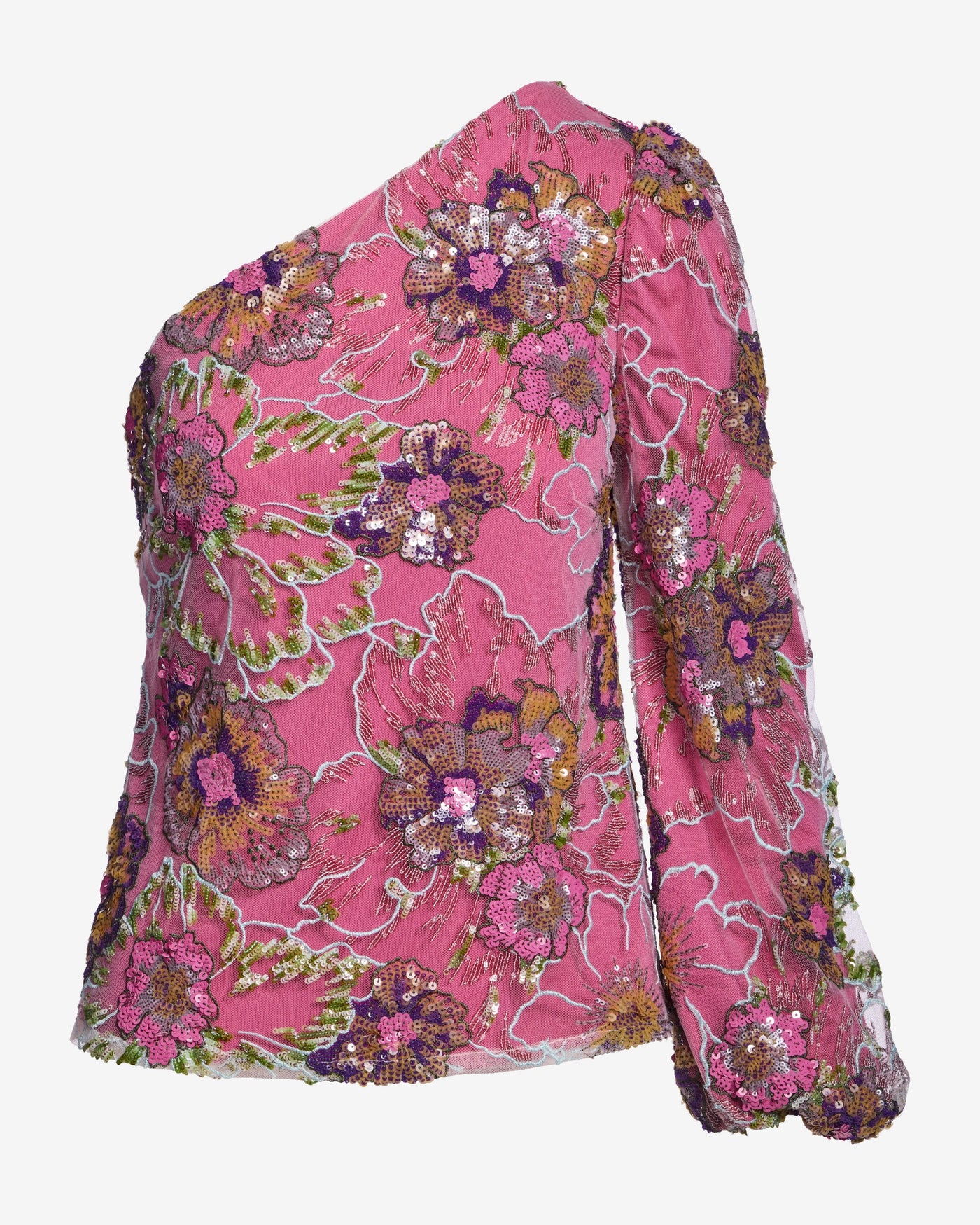 Sequin Floral Mesh One Shoulder Top Multi