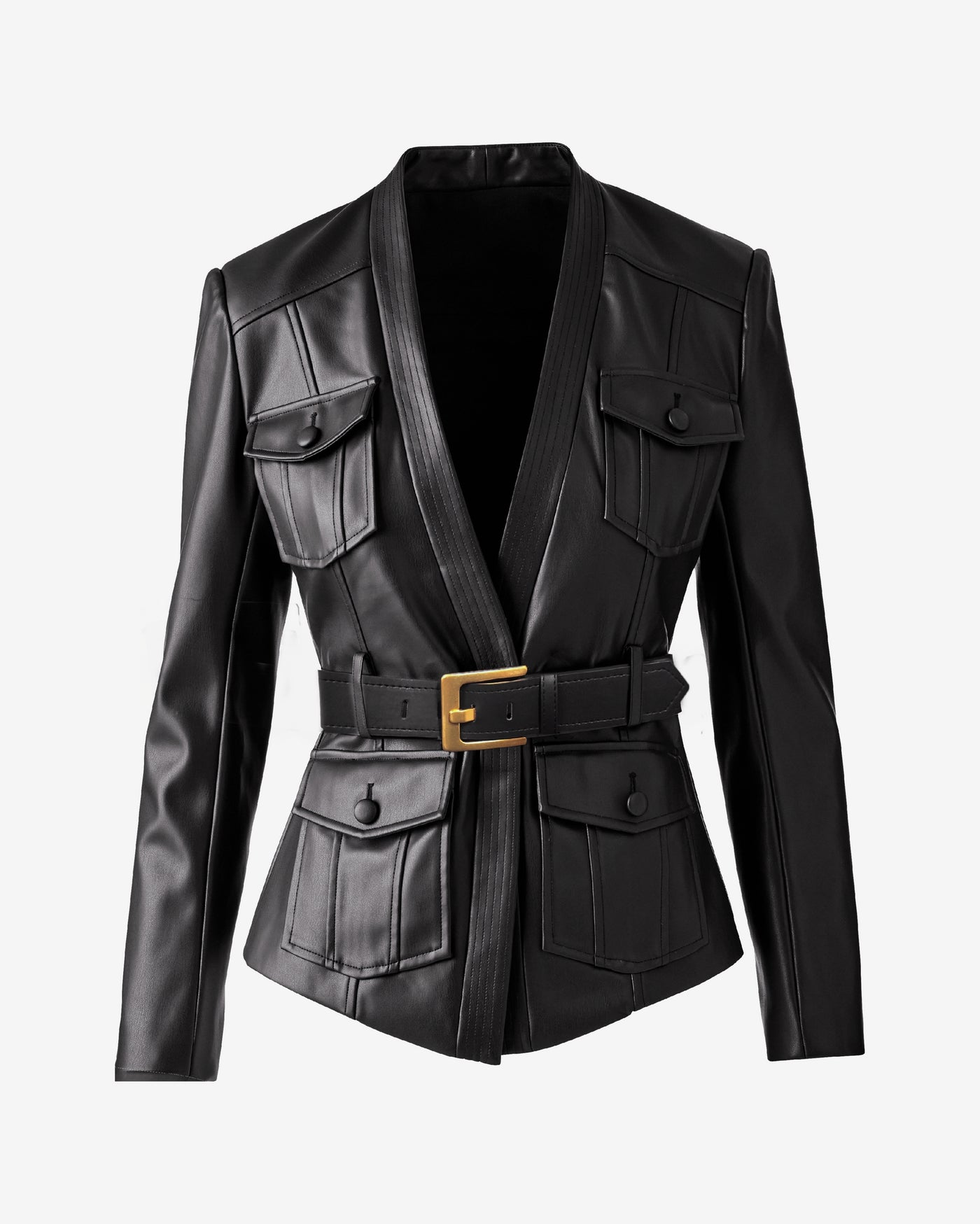 Belted Faux Leather Cut Away Utility Jacket Black