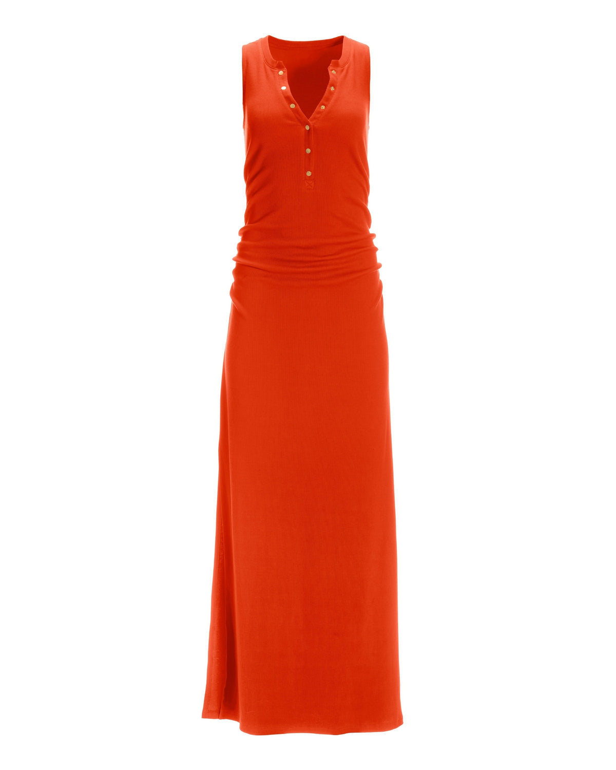 Ribbed Knit Henley Ruched Maxi Dress Spicy Orange