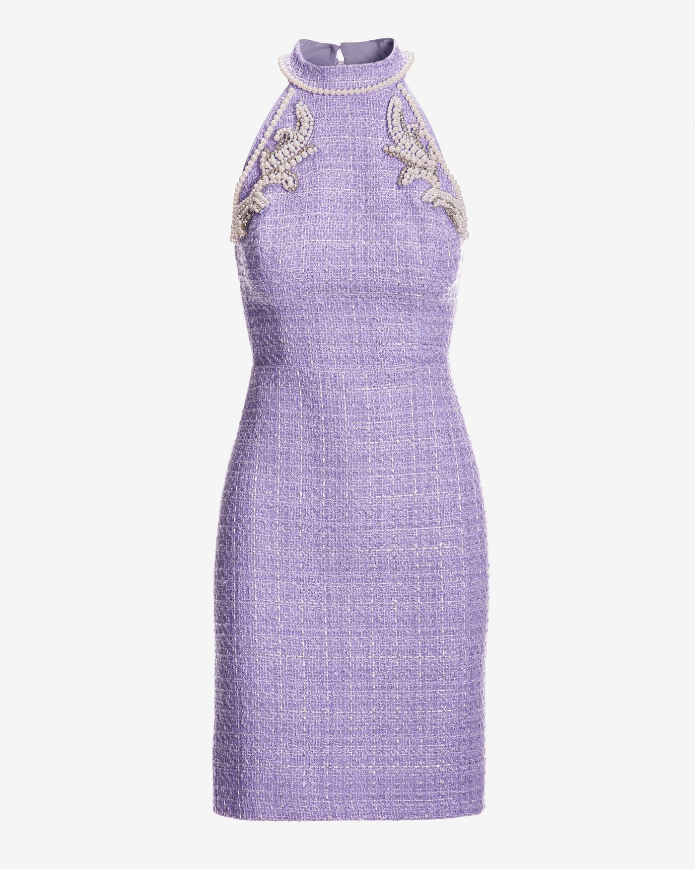 Pearl Embellished Tweed Mock Neck Sheath Dress Violet Tulip