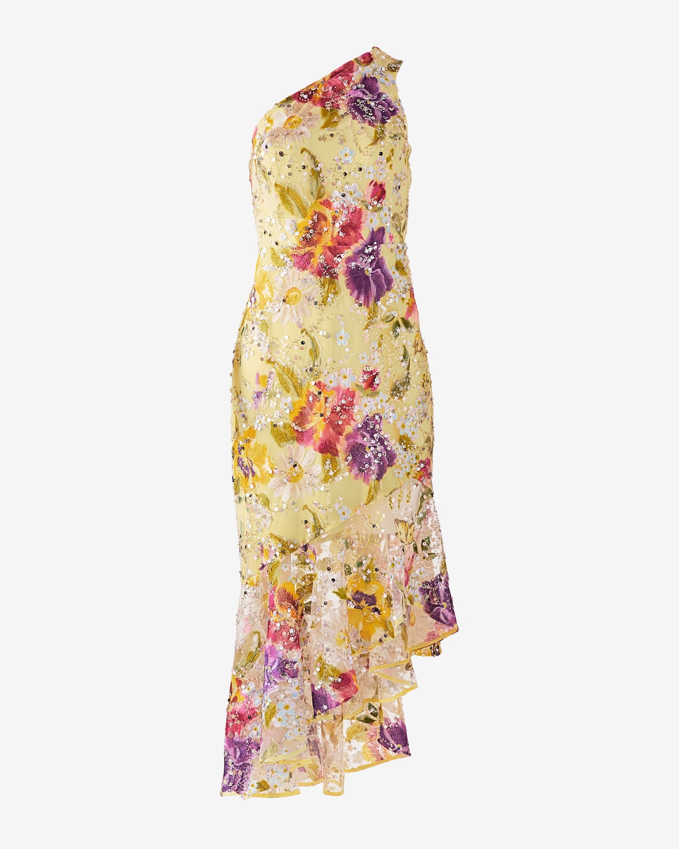One Shoulder Sequin Mesh Sheath Dress Pale Banana Multi