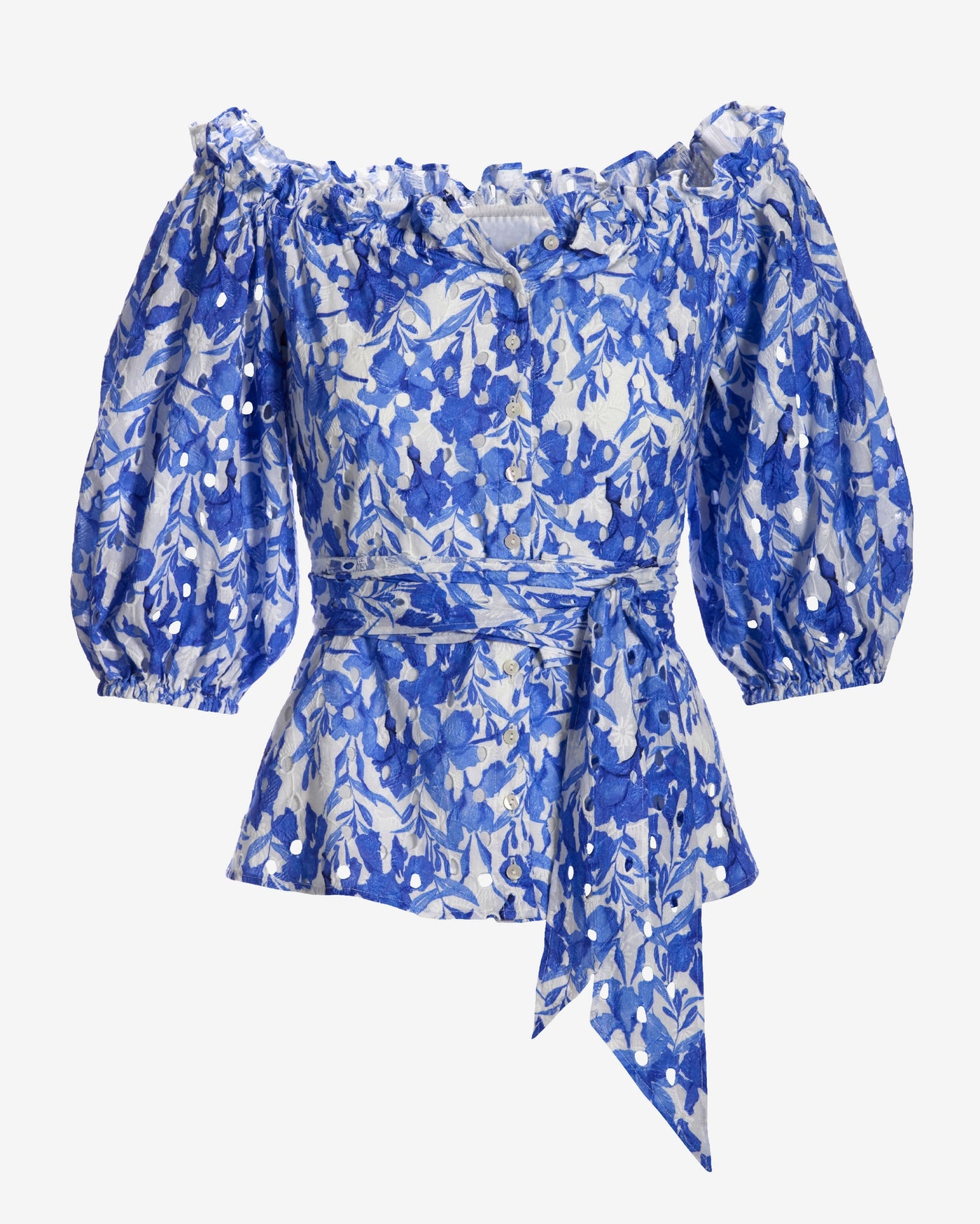 Ocean Fleurs Print Eyelet Puff Sleeve Tie Waist Peplum Blouse Blue