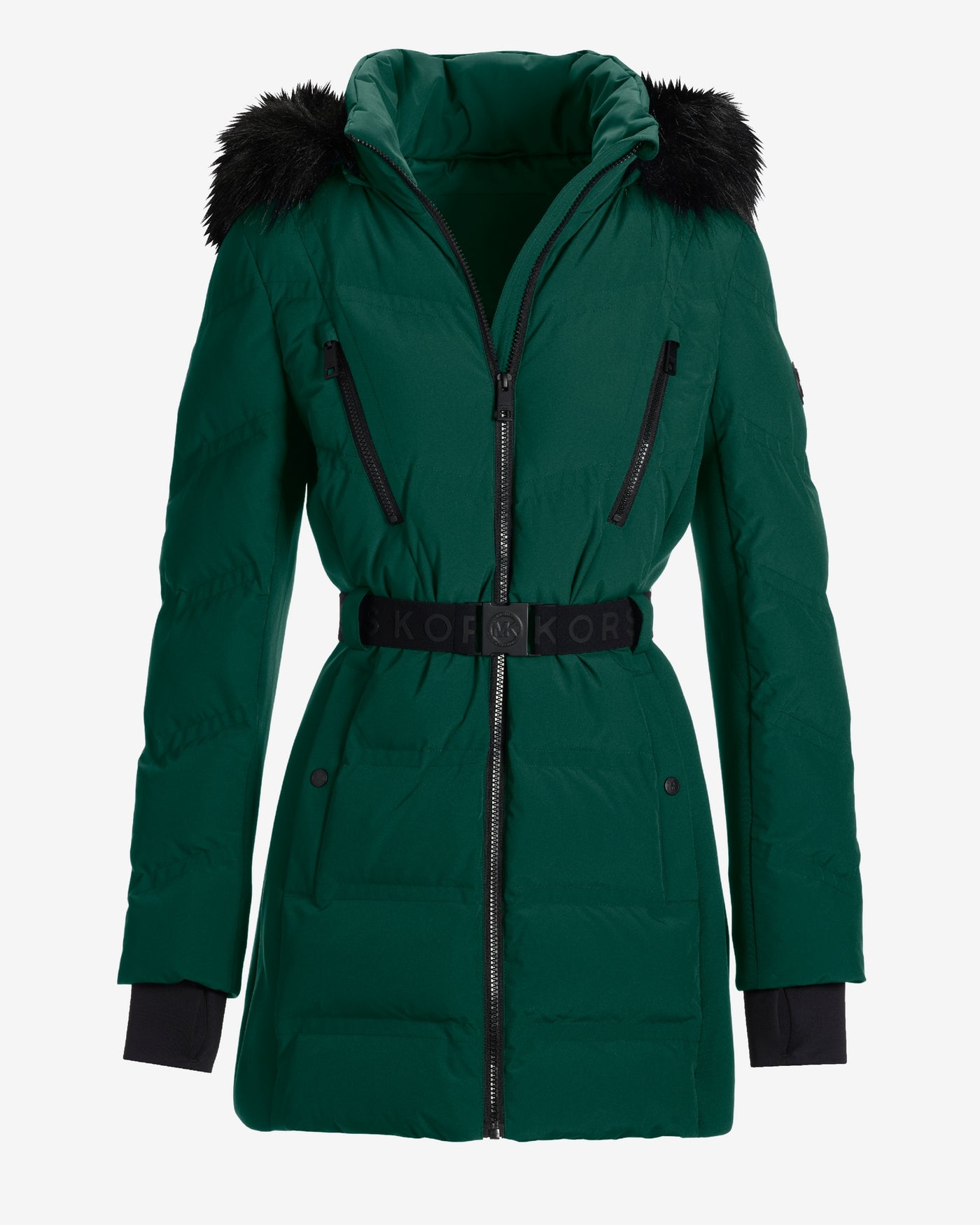 Faux Fur Trim Shaped Belted Puffer Jacket Emerald