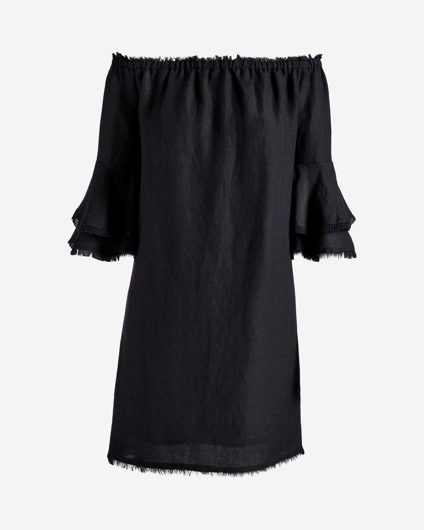 Linen Off The Shoulder Tiered Sleeve Shift Dress Black
