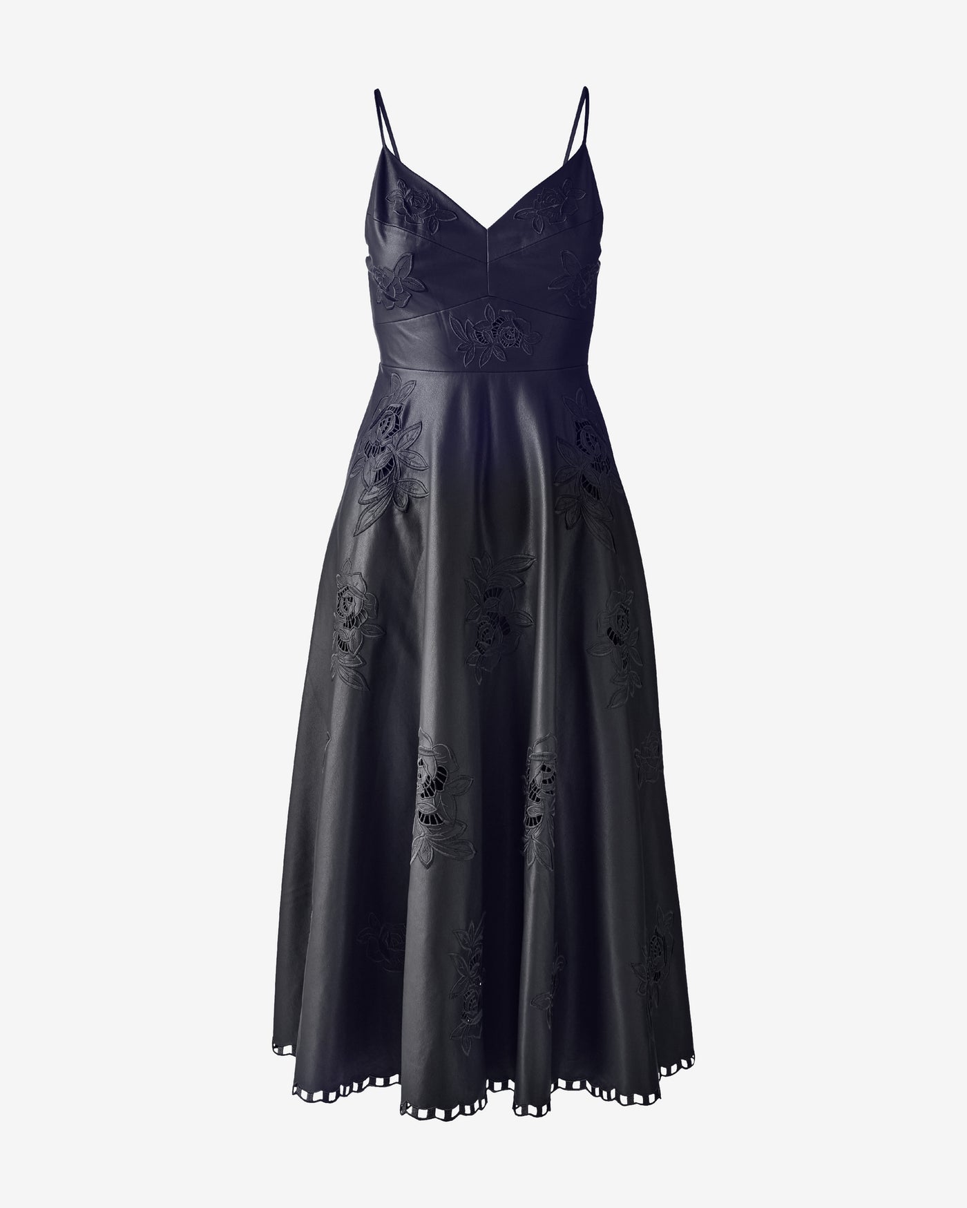 Faux Leather Floral Cut Out Fit and Flare Dress Black