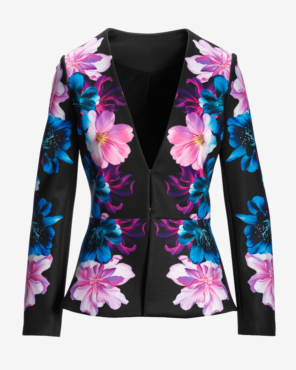 Midnight Garden Placed Print Peplum Scuba Jacket Black
