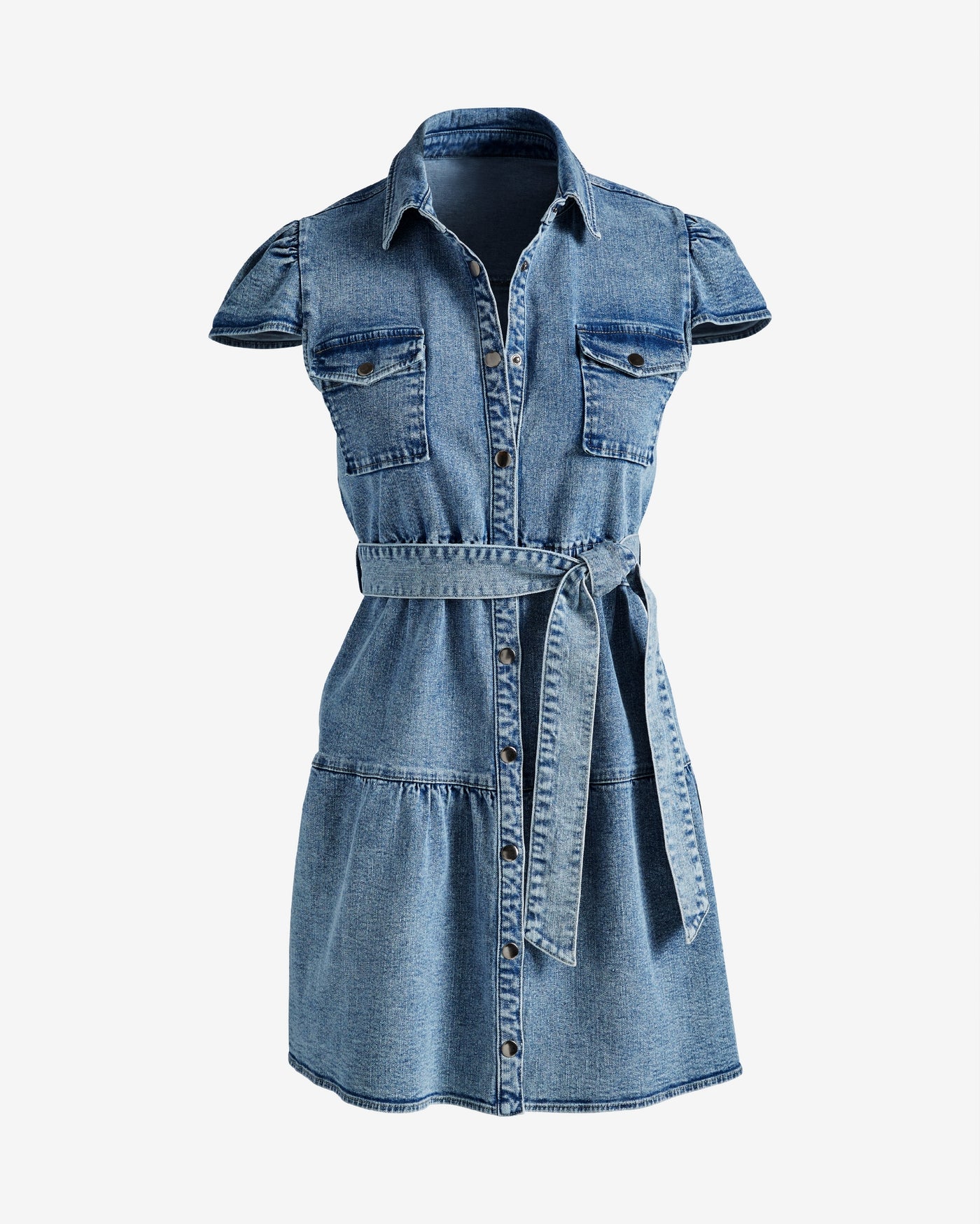 Denim Shirt Dress with Tiers Medium Wash