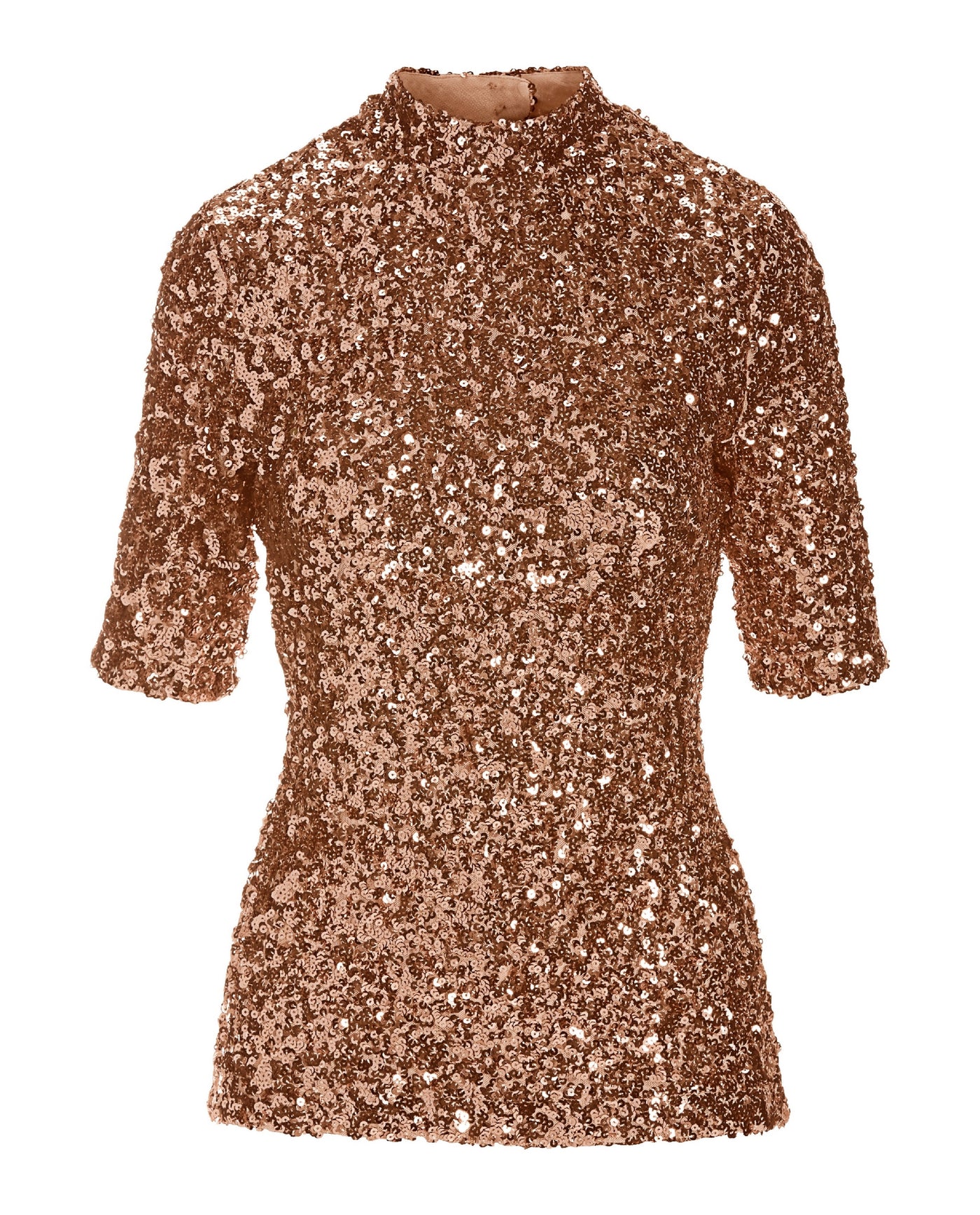 Sequin Mock Neck Elbow Sleeve Top Rose Gold