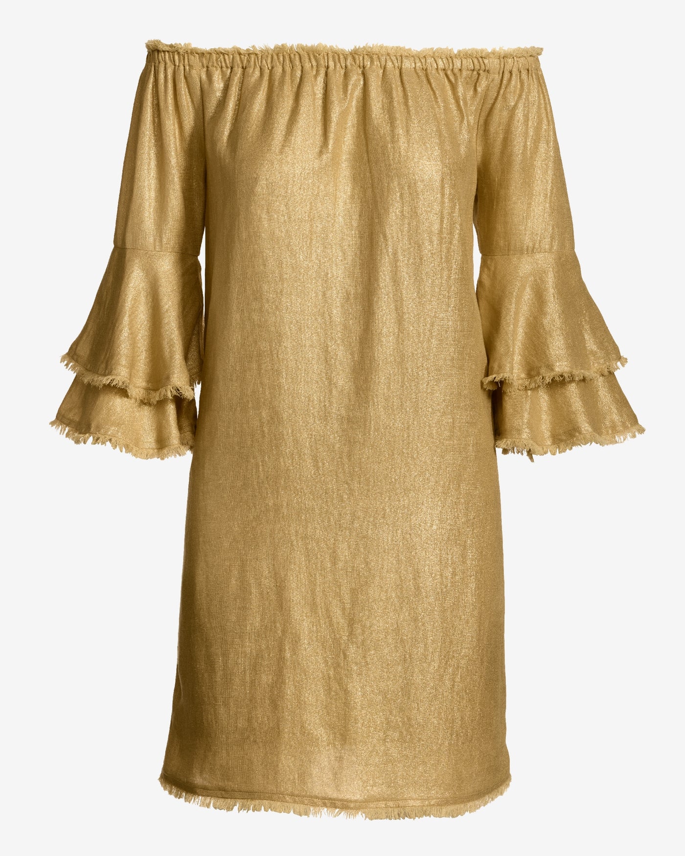 Linen Off The Shoulder Tiered Sleeve Shift Dress Gold