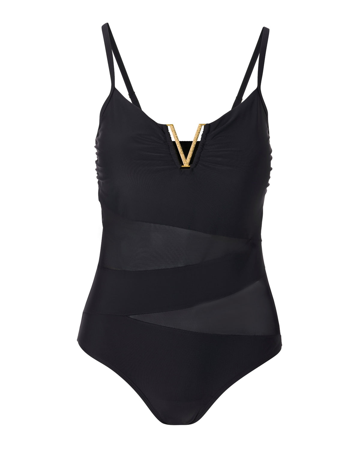 Embellished V-Neck Hardware Mesh One-Piece Swimsuit Black