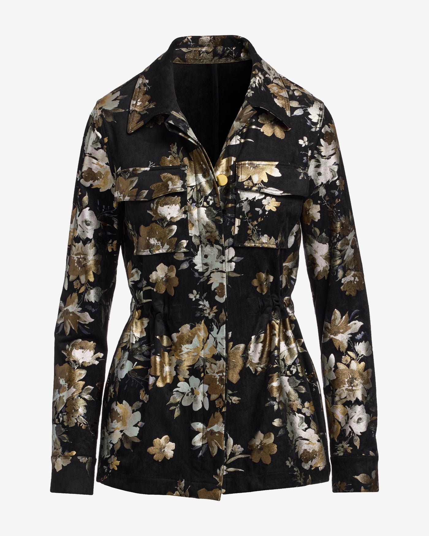Faux Suede Metallic Foil Floral Utility Jacket Black Multi