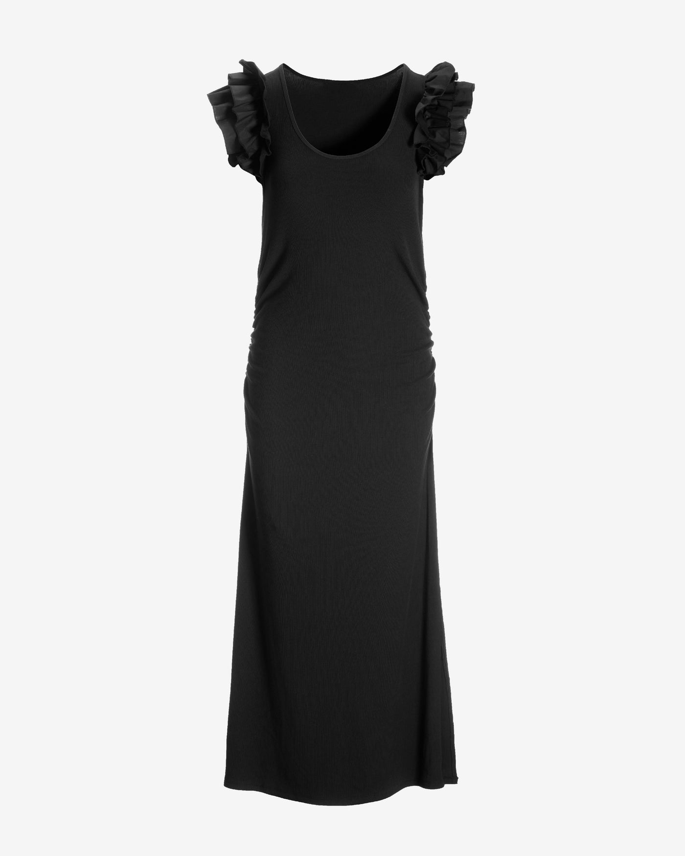 Ruffle Knit Rib Ruched Dress Black