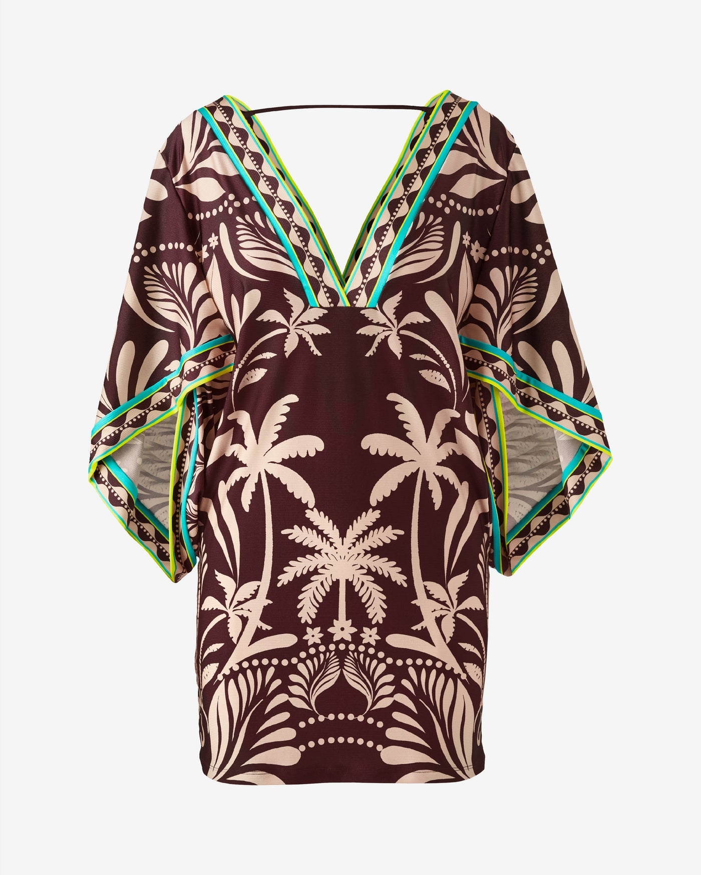 Trina Turk Palm Printed Border V Neck Tunic Swim Cover Up Brown Multi