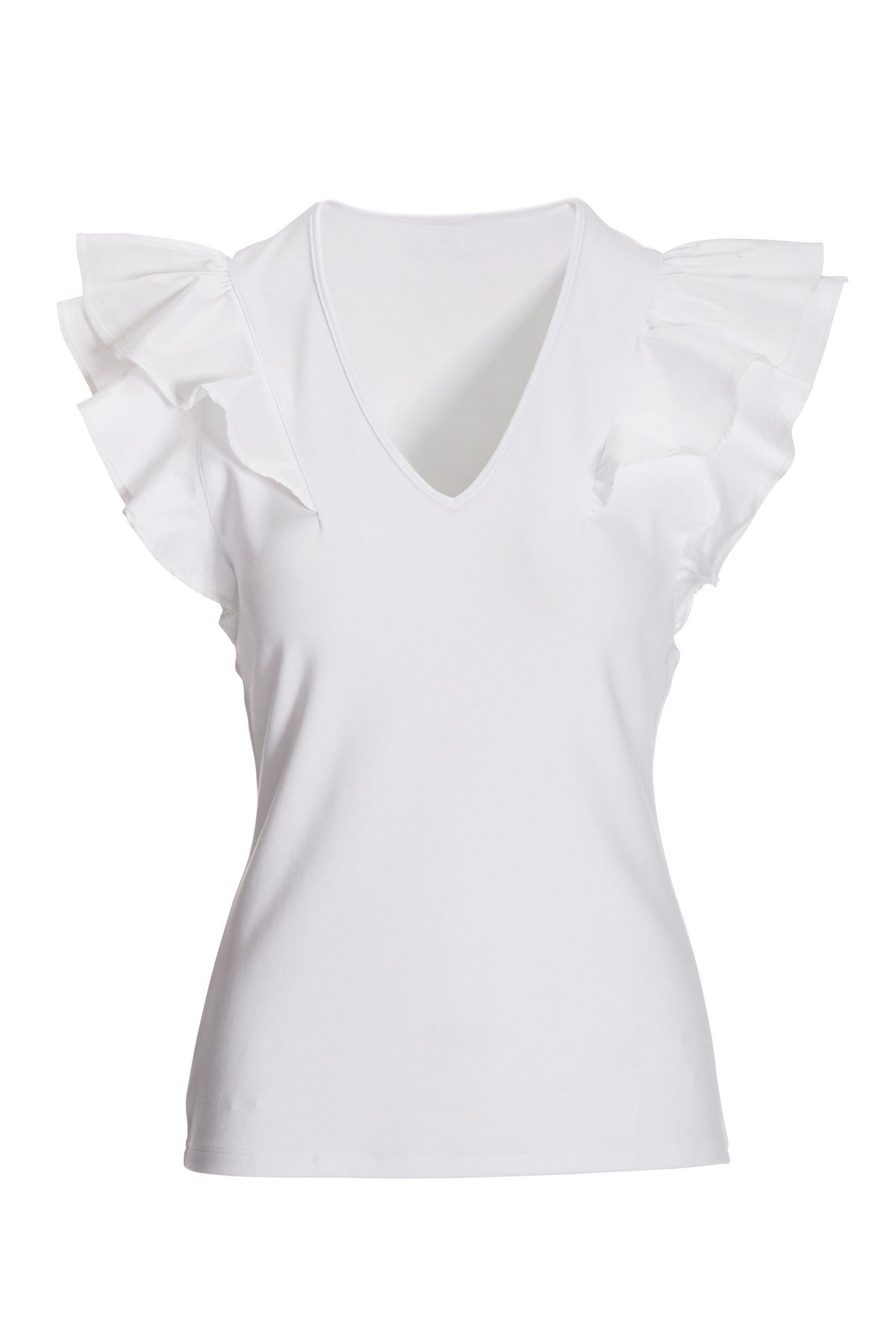 Ruffle Poplin V Neck Top White