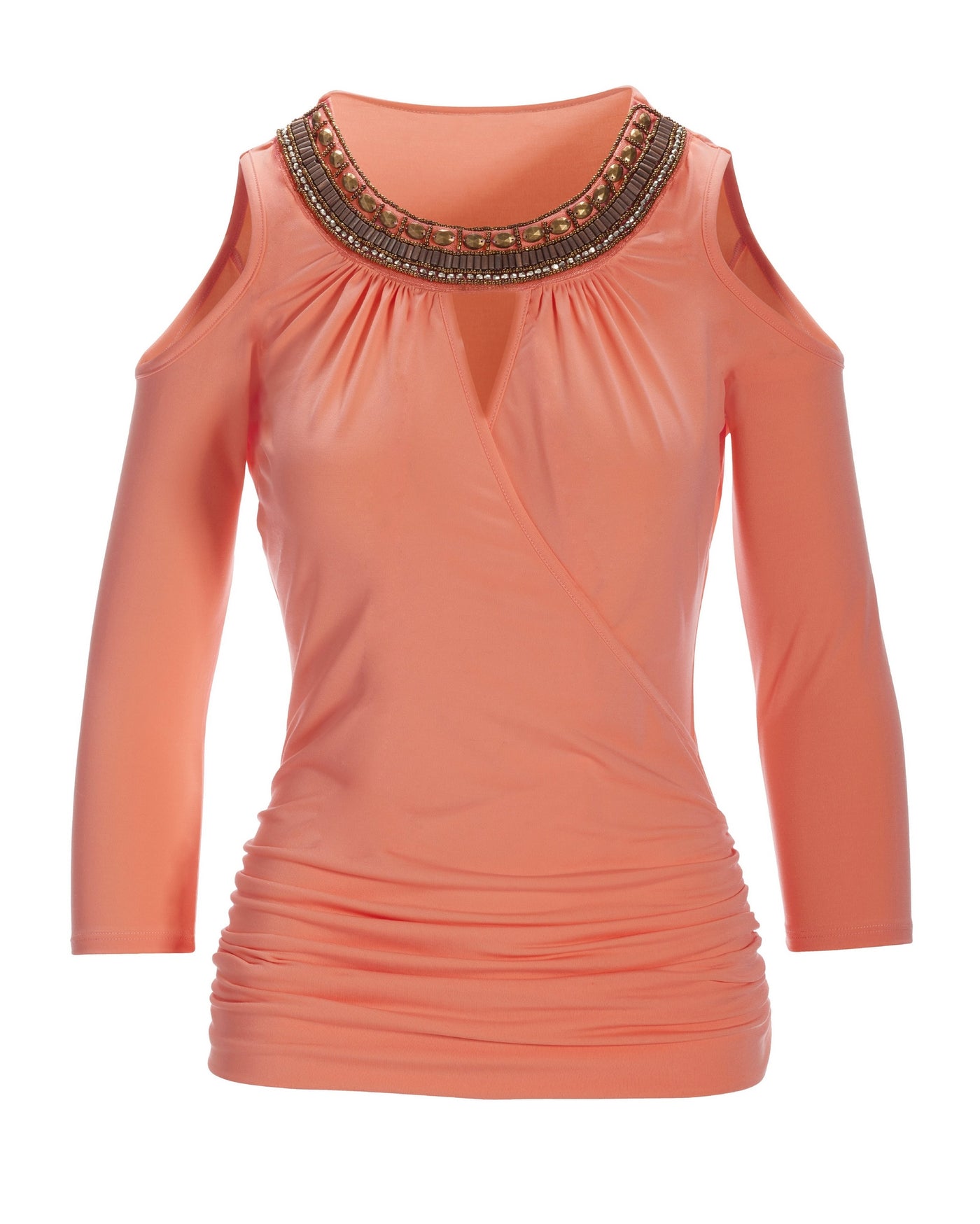 Embellished Trim Surplice Cold Shoulder Top Desert Flower