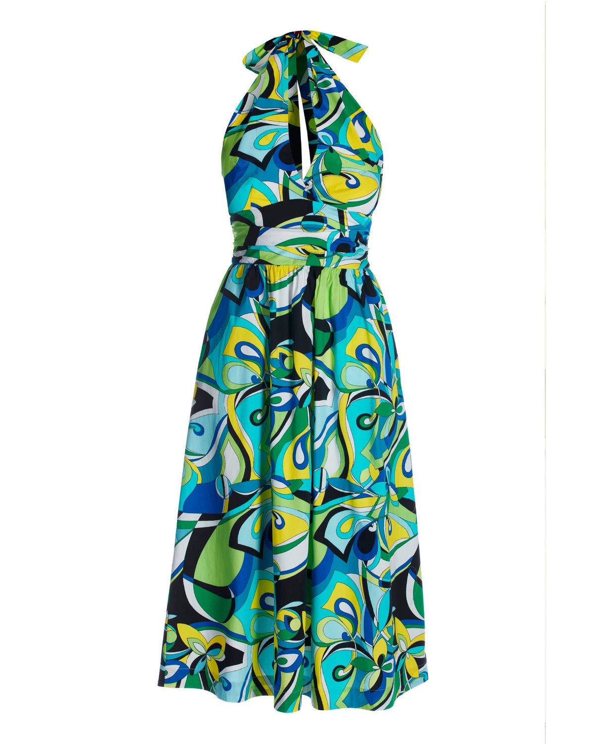 Valencia Abstract Print Halter Fit and Flare Midi Dress Blue Green