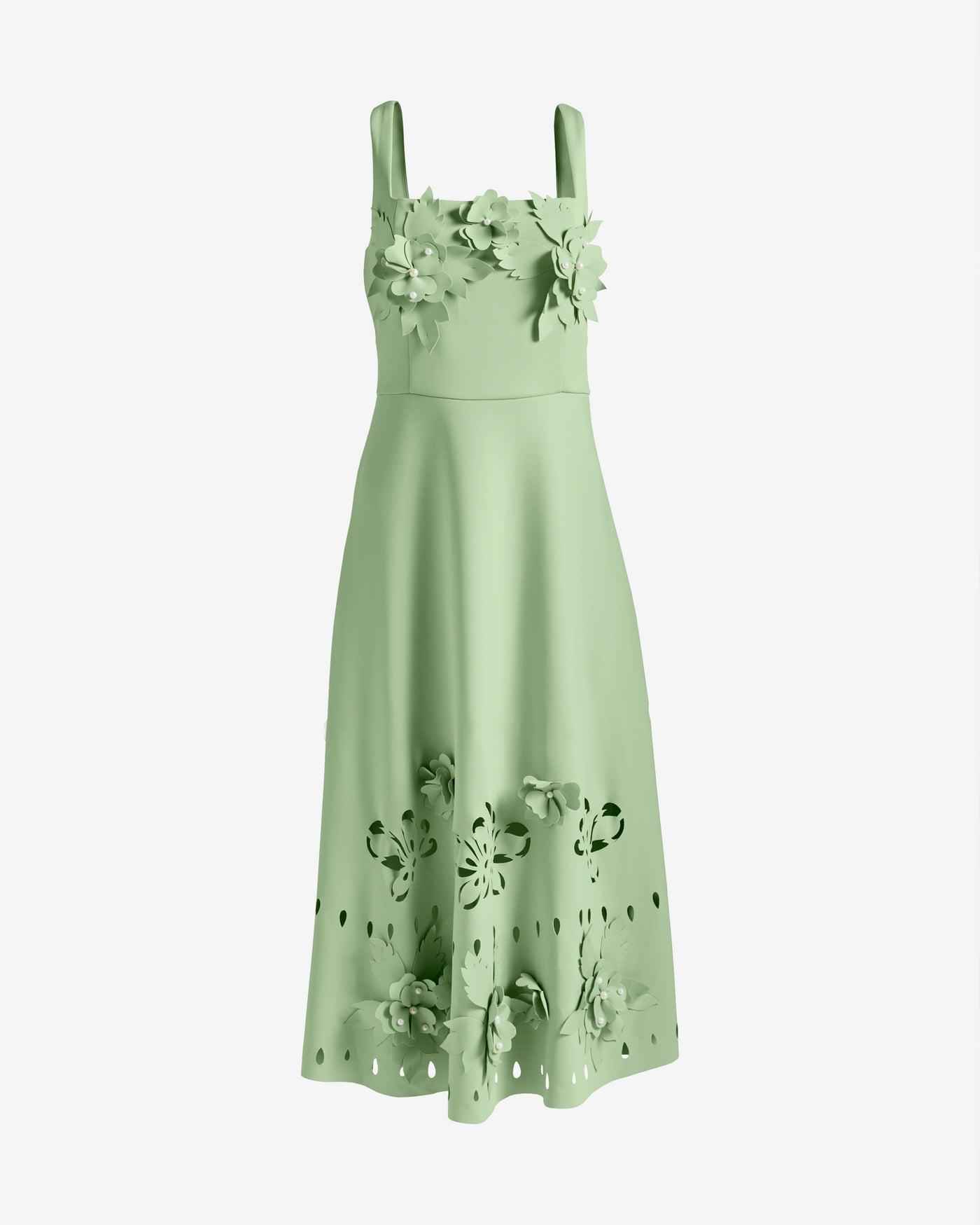 Laser Cut 3D Floral Appliqué Fit & Flare Dress Pastel Green