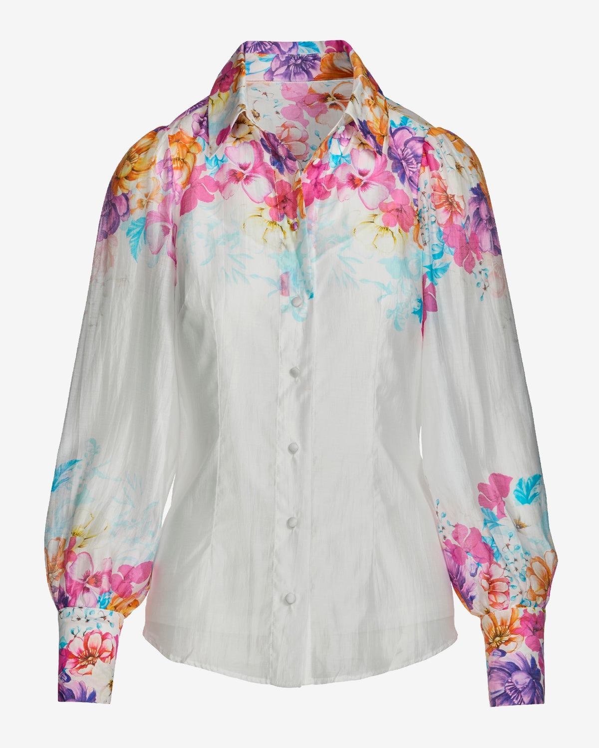 Print Textured Organza Victoria Drama Sleeve Shirt Iris Garden