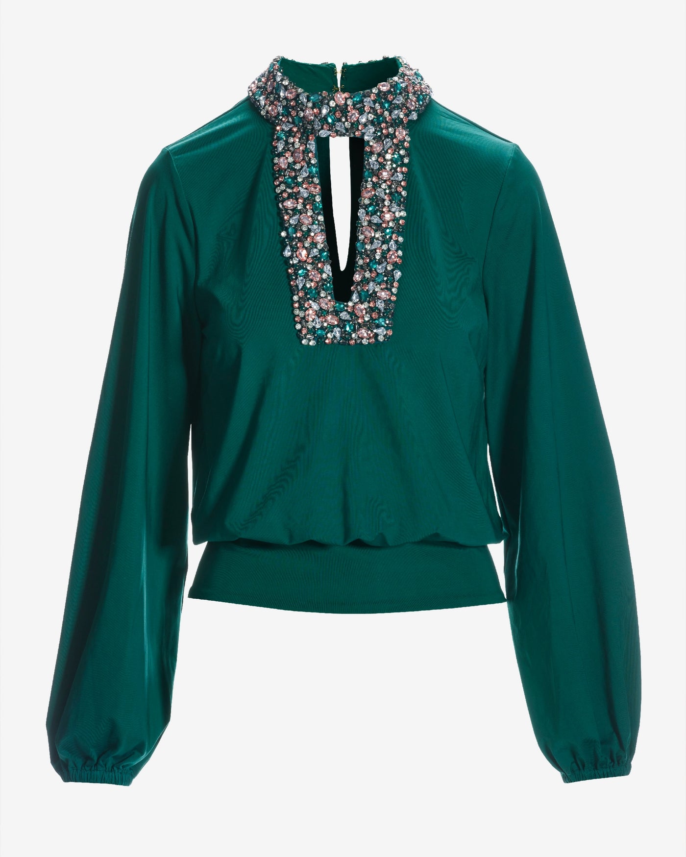 Embellished Keyhole Blouson Top Deep Emerald