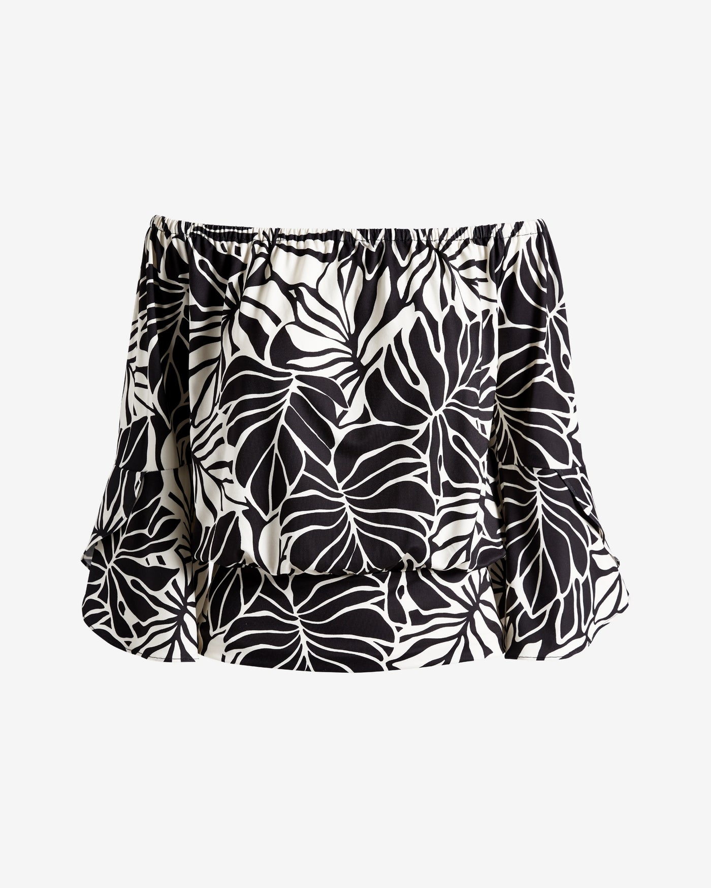 Printed Off the Shoulder Ruffled Sleeve Blouson Contrast Leaves