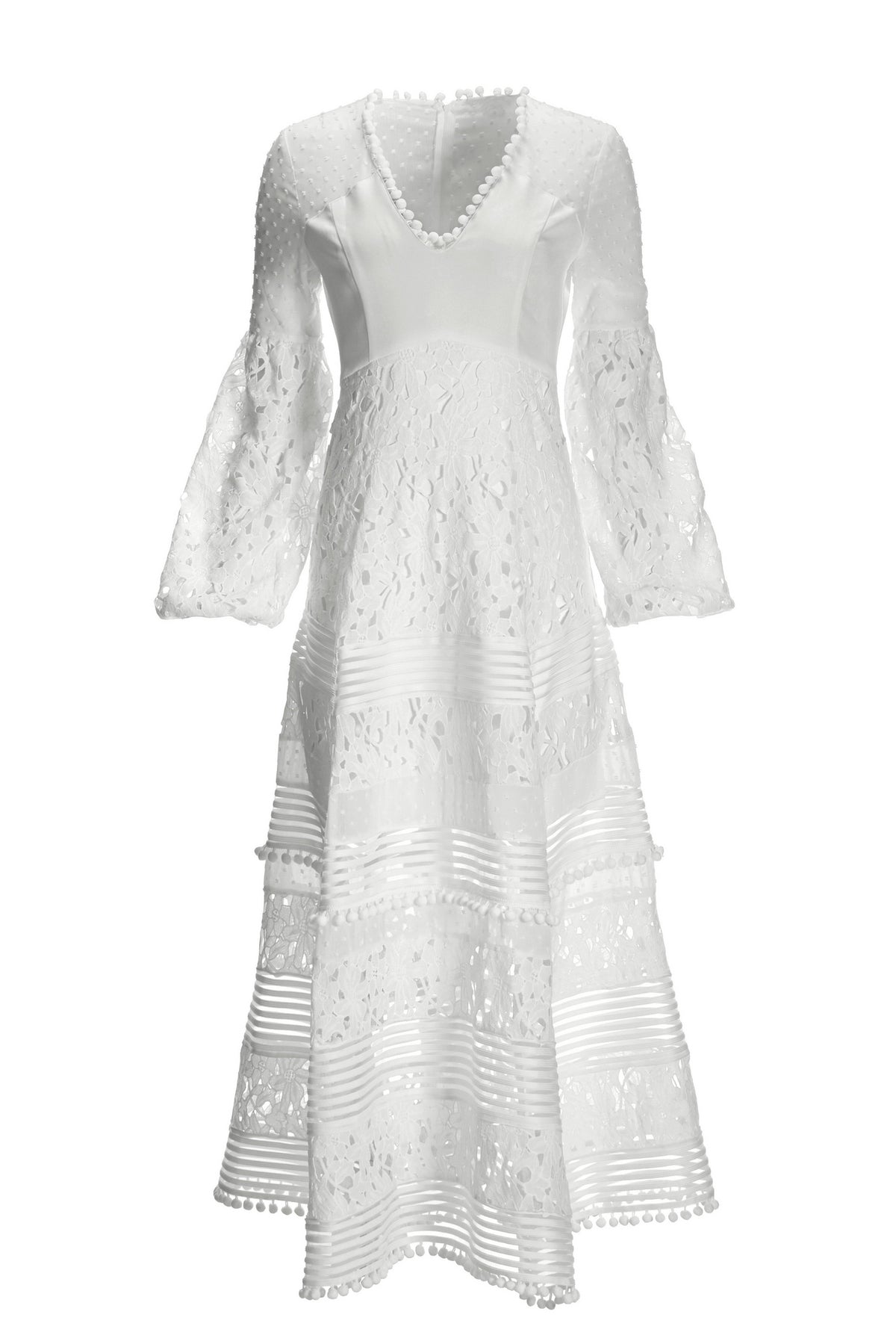 Long Sleeve Lace Pom Pom Dress White