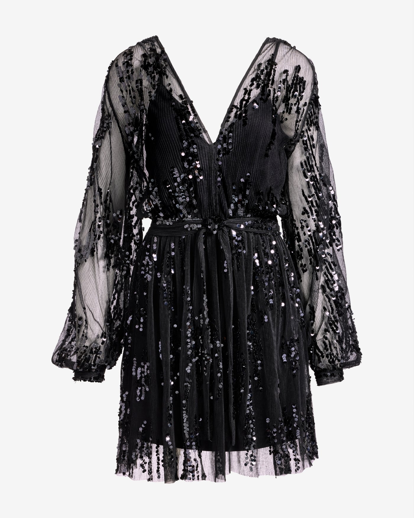 Mini Pleat Sequin Embellished Mesh A-Line Dress Black