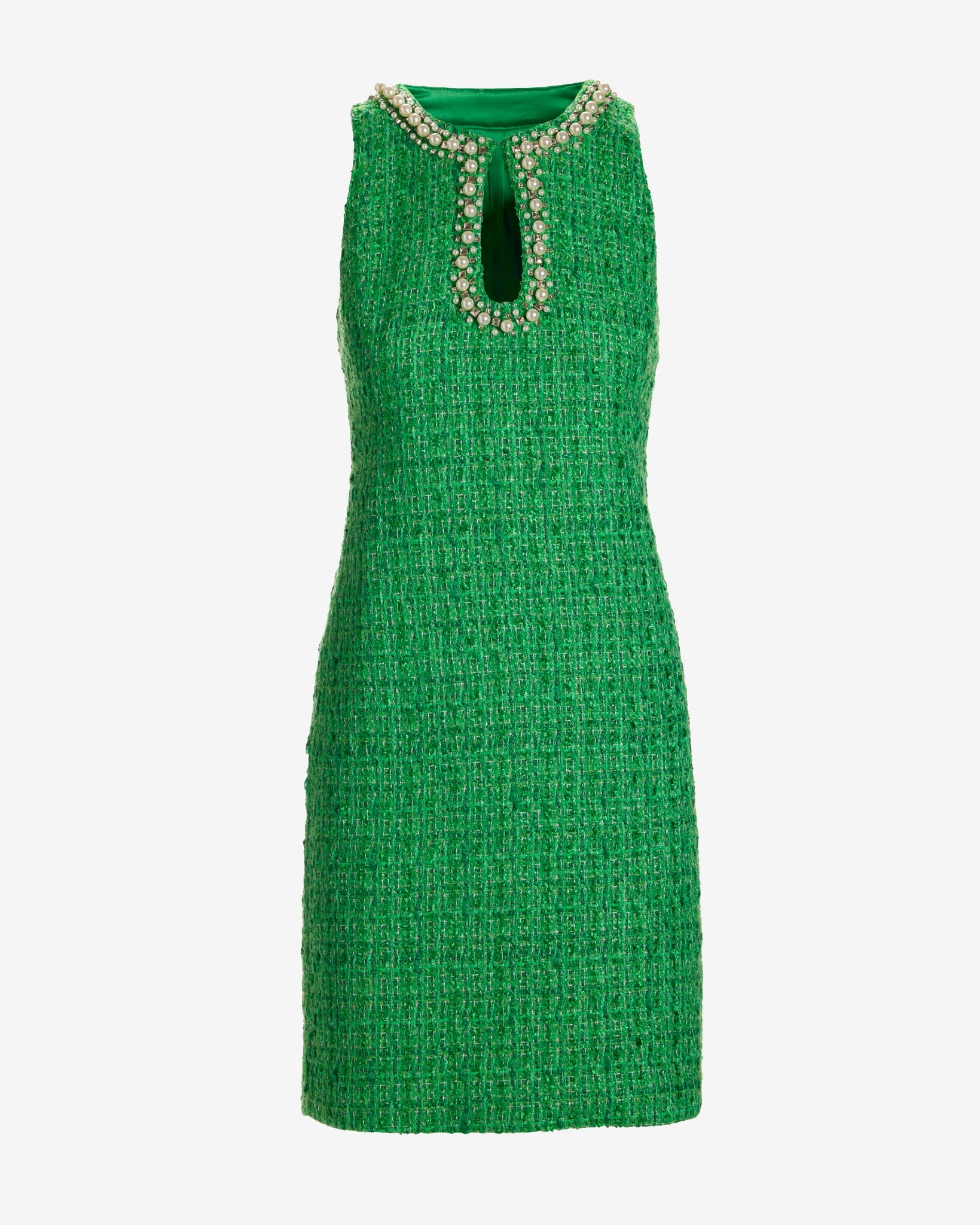 Pearl and Stud Embellished Keyhole Tweed Sheath Dress - Green | Boston Proper Pearl and Stud Embellished Keyhole Tweed Sheath Dress - Green | Boston Proper