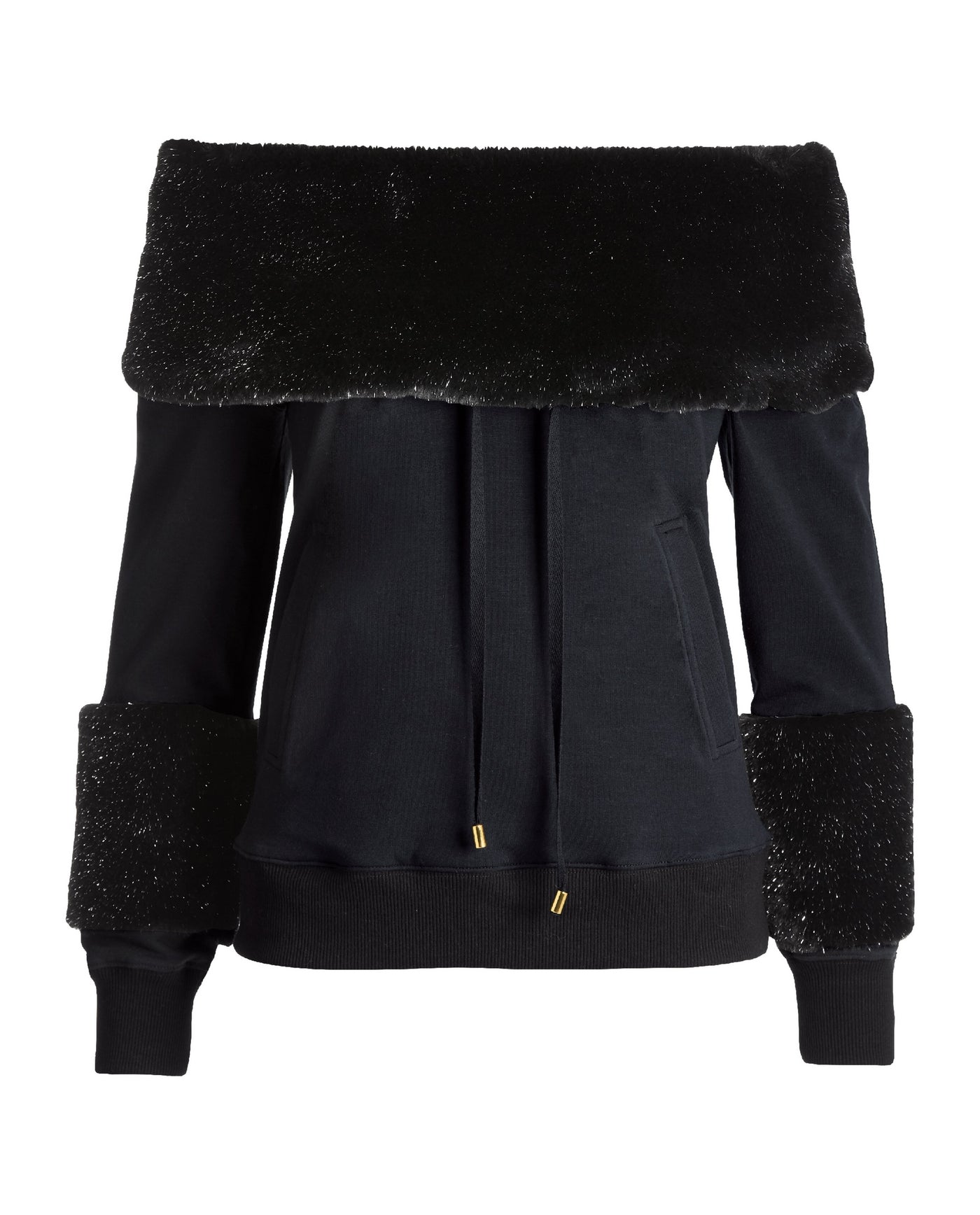 Faux Fur Neckline Sweatshirt Black