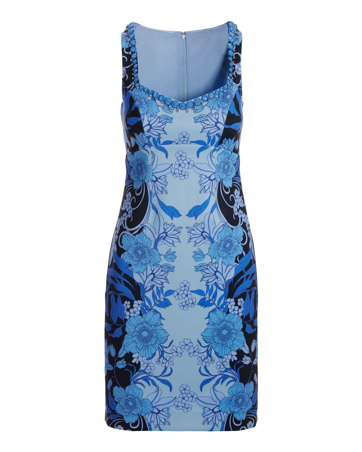 Sleeveless Embellished Floral Scuba Sheath Dress Blue Multi