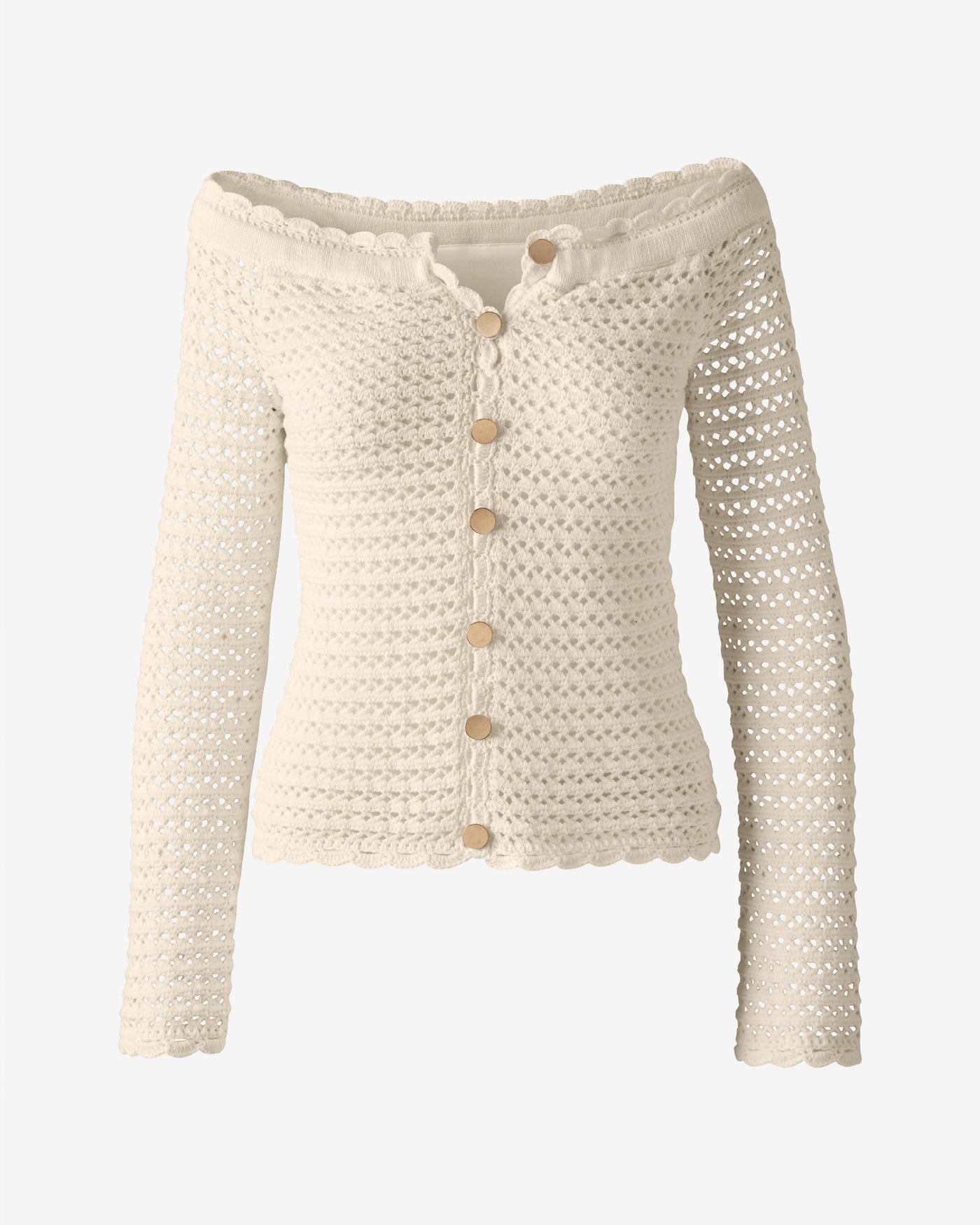 Off The Shoulder Button Front Crochet Sweater Off White