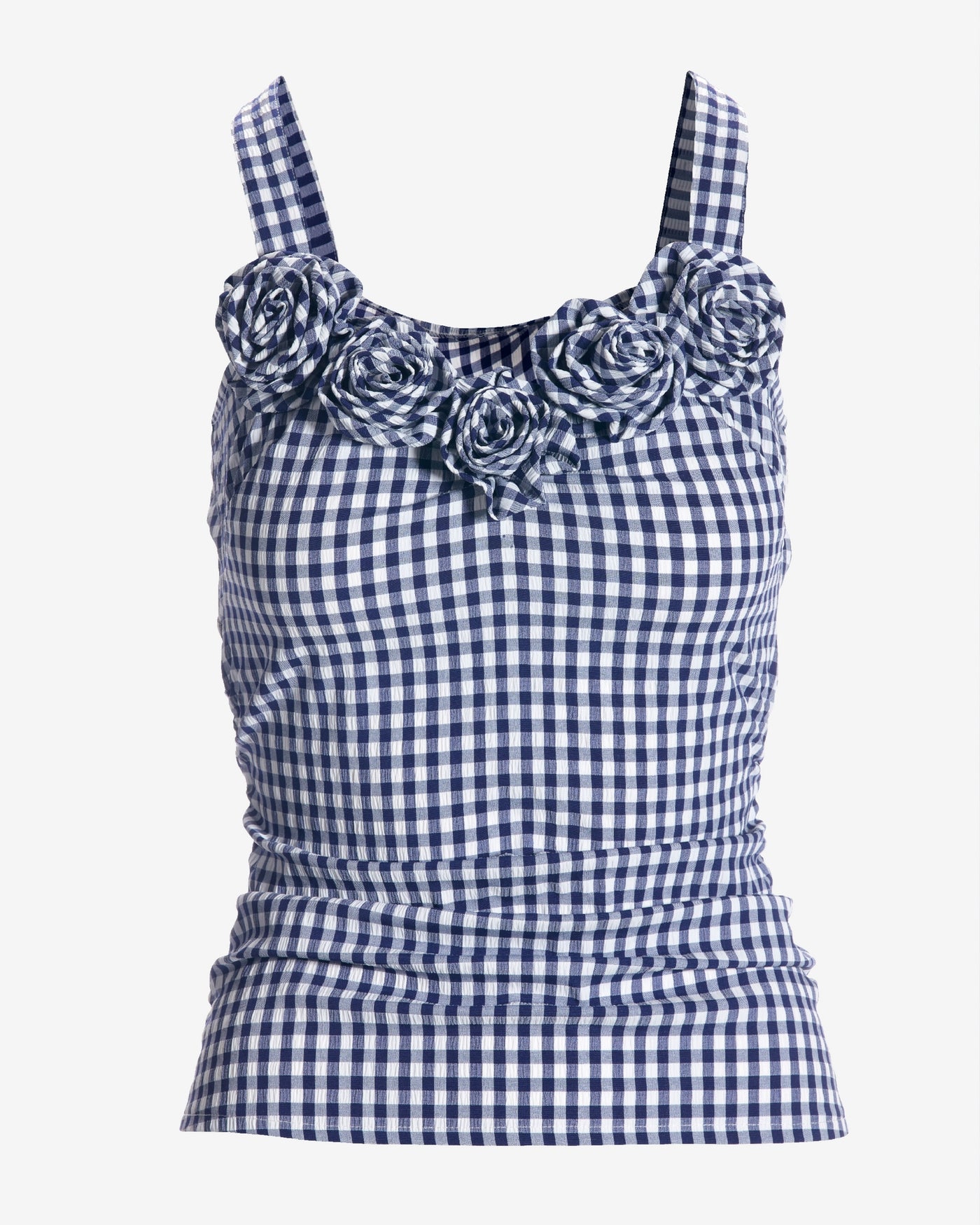 Gingham Sweetheart Rosette Neck Ruched Tank Blue White