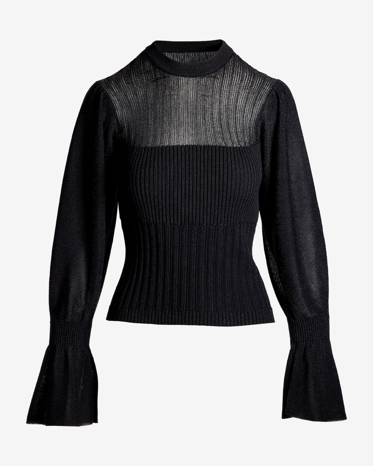 Ribbed Sheer Flare Sleeve Sweater Black