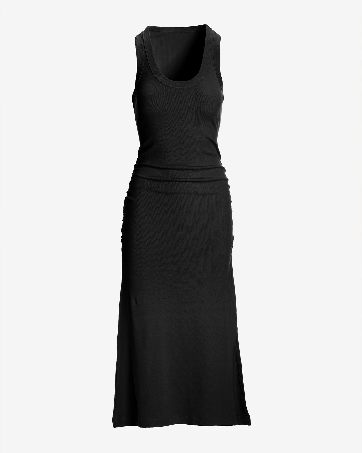 Scoop Neck Ruched Rib Knit Midi Dress Black