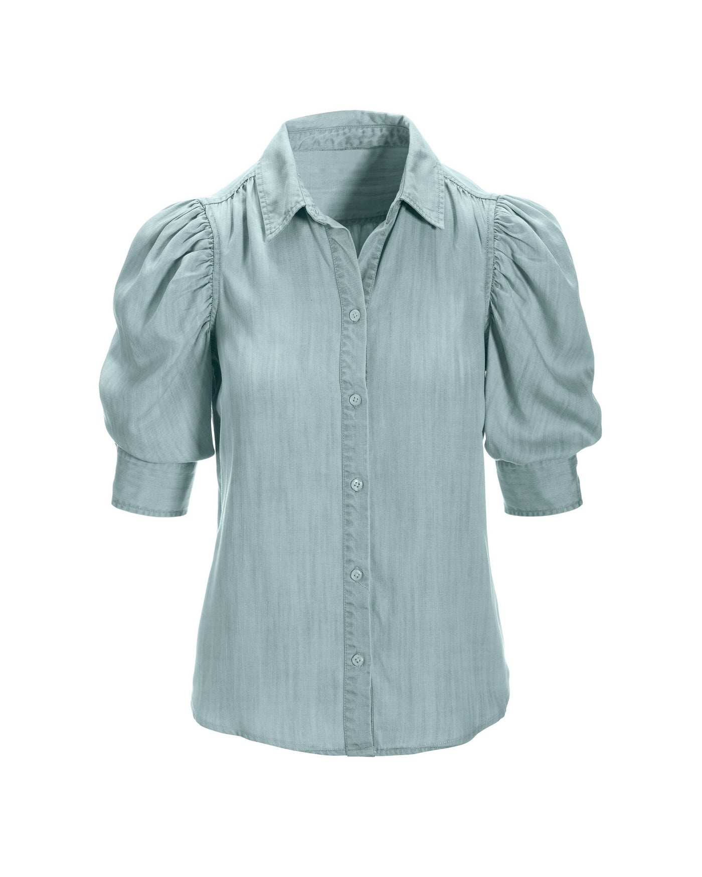 Puff-Sleeve Tencel Button-Up Shirt Light Wash