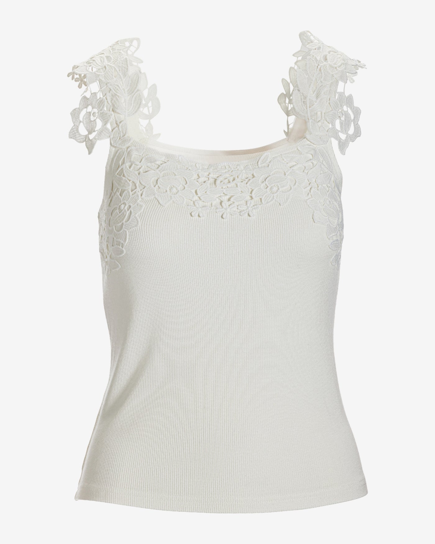 Ribbed Lace Applique Knit Tank White