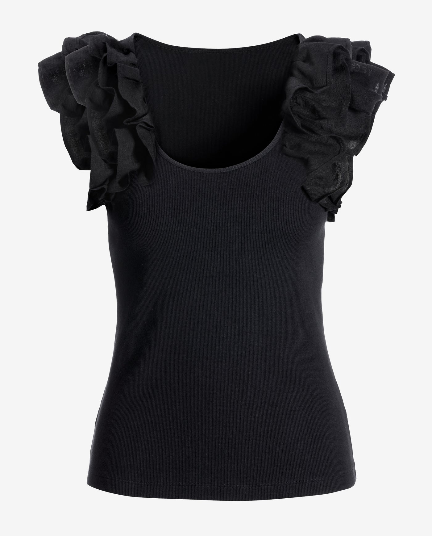 Linen Ruffle Ribbed Top Black
