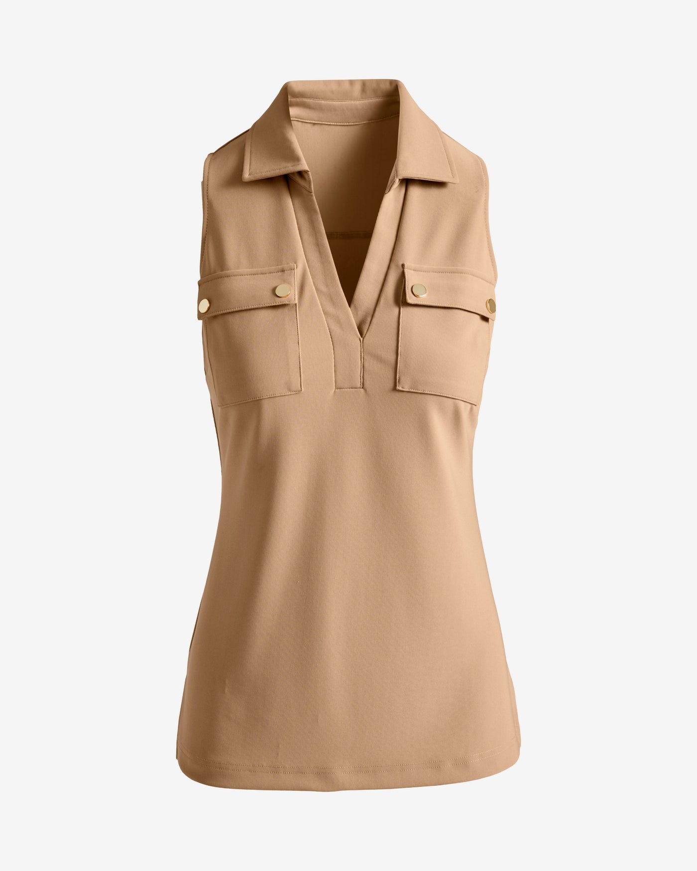 Beyond Travel Sleeveless Collared Utility Top Natural