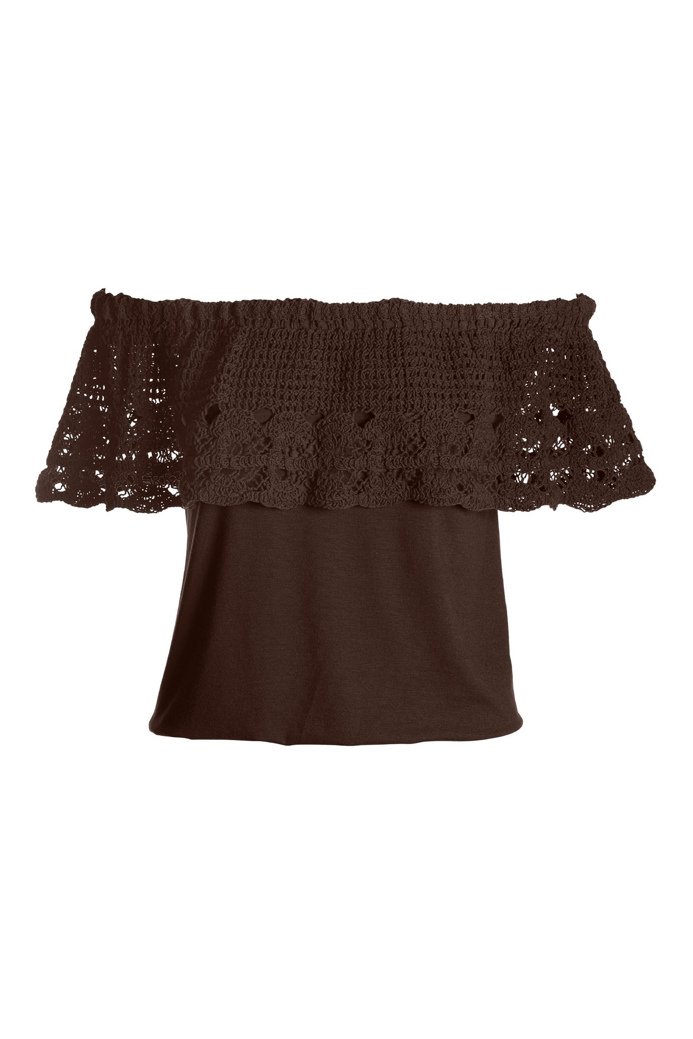 Crochet Overlay Off the Shoulder Knit Top Safari Brown