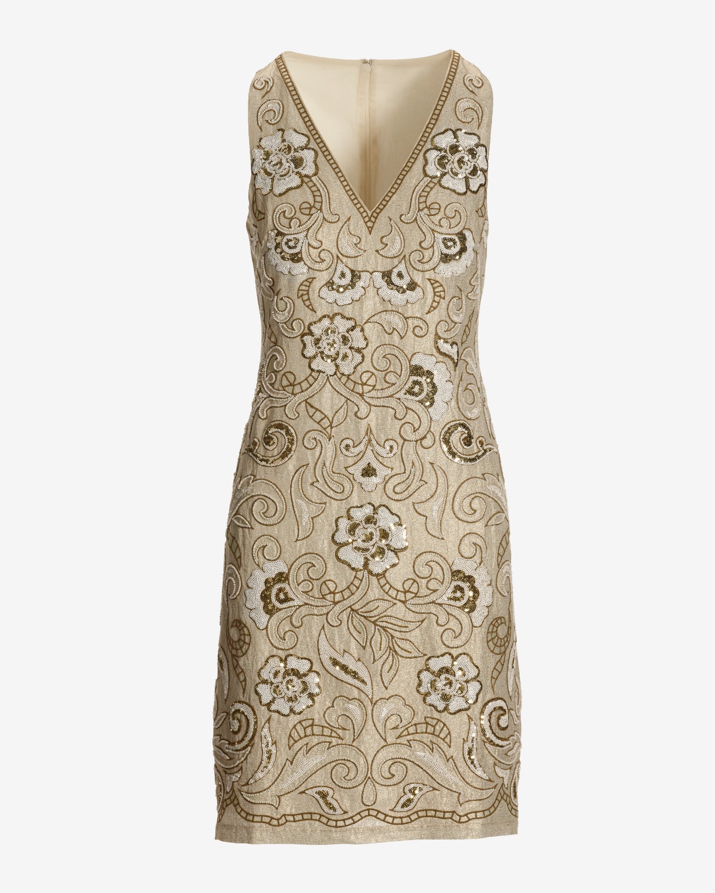 Embroidered and Beaded Shimmer Linen Sheath Dress Tan