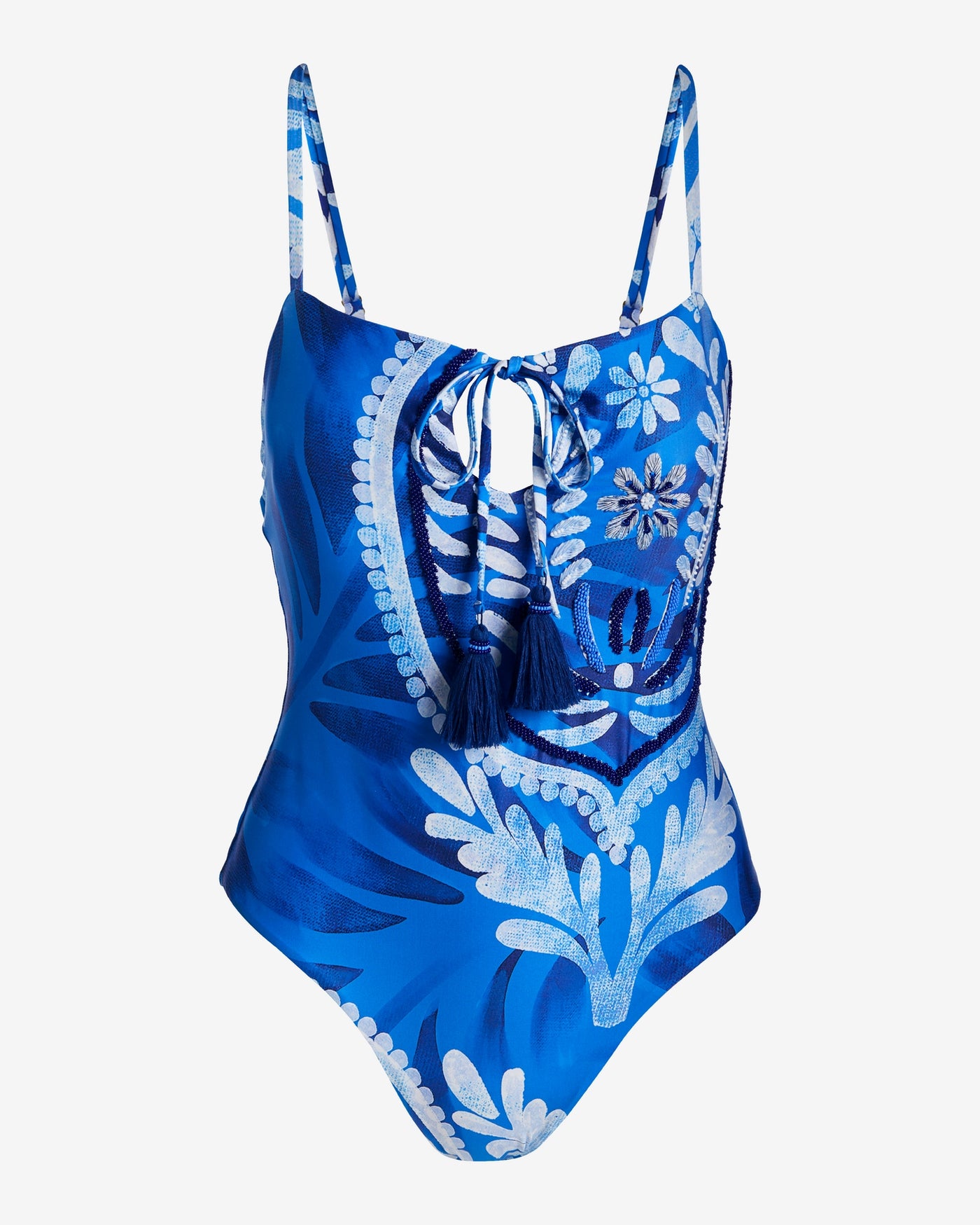 Beaded Tassel Printed One Piece Blue White