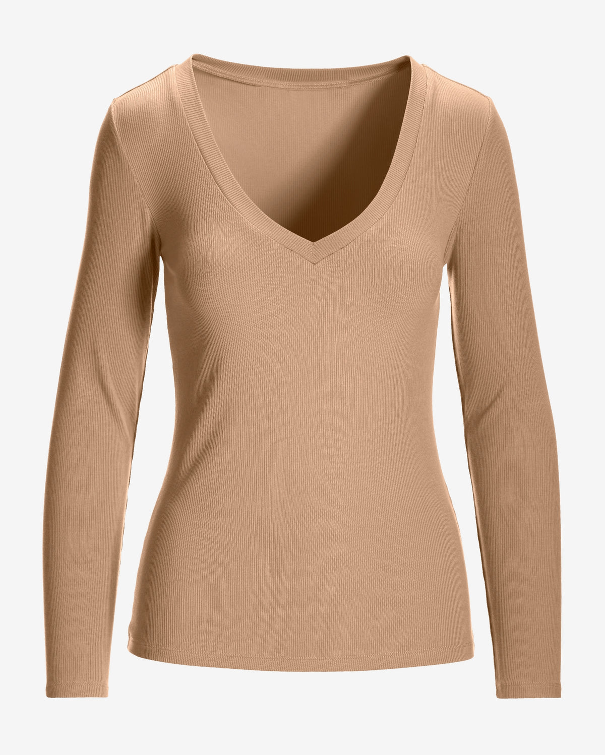 So Essential Ribbed V Neck Long Sleeve Top Sesame