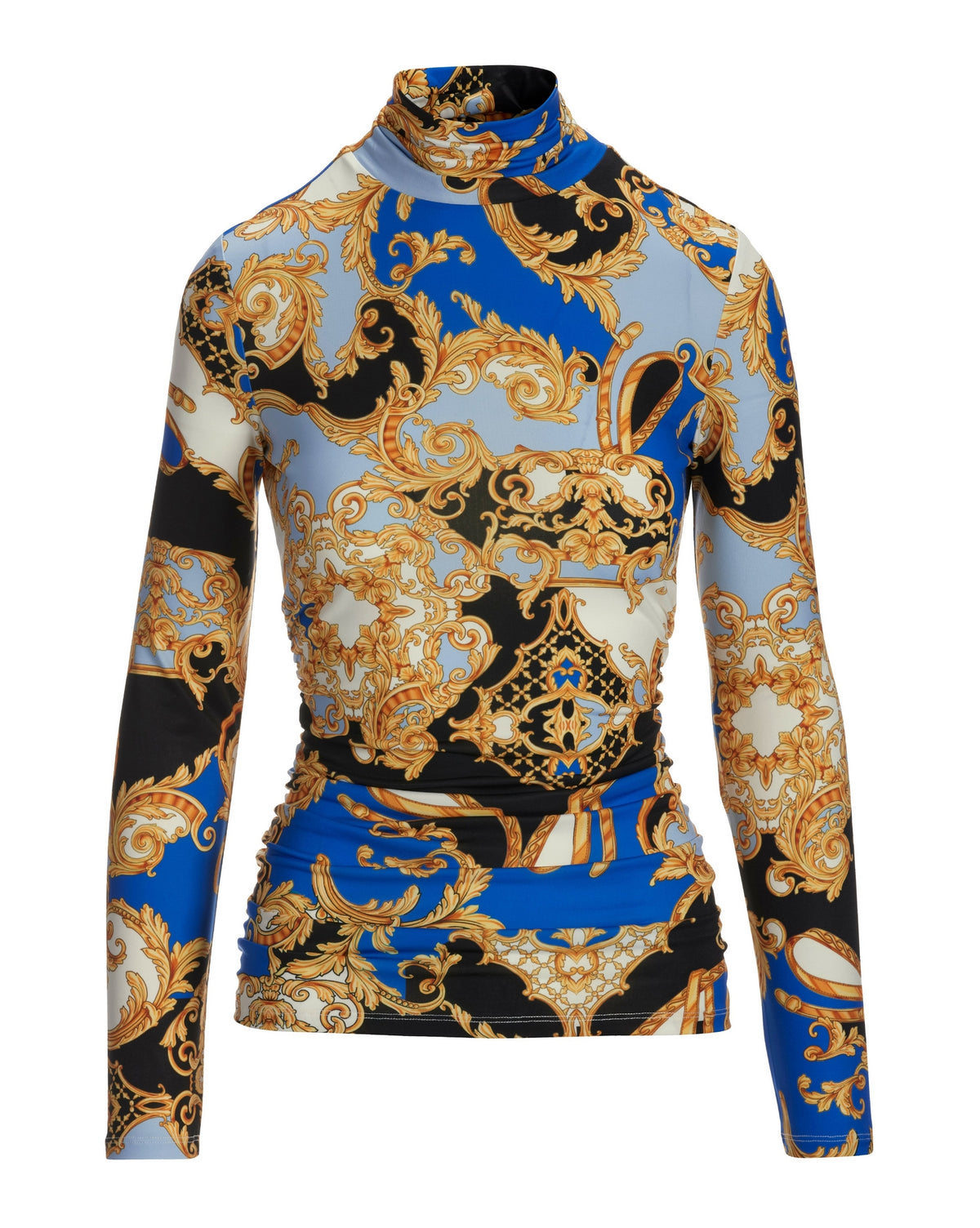So Chic Luxe Status Printed Ruched Turtleneck Blue