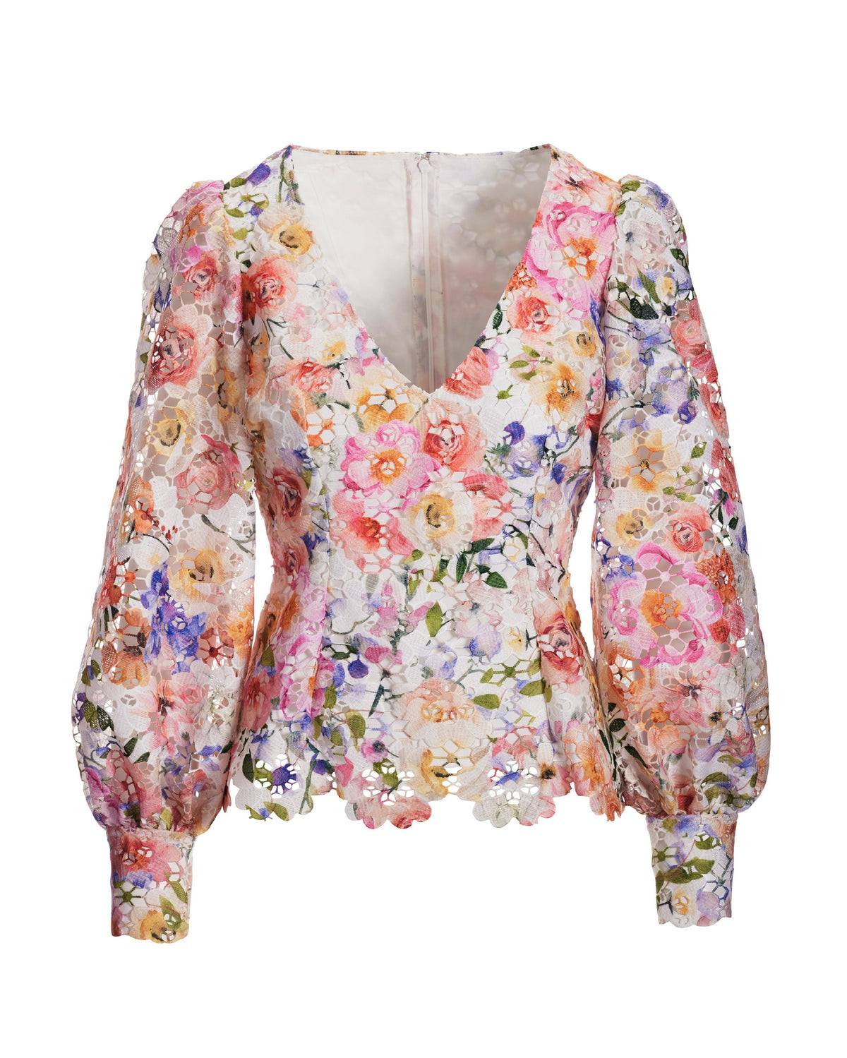 Floral Printed Lace V-Neck Long-Sleeve Blouse White Multi