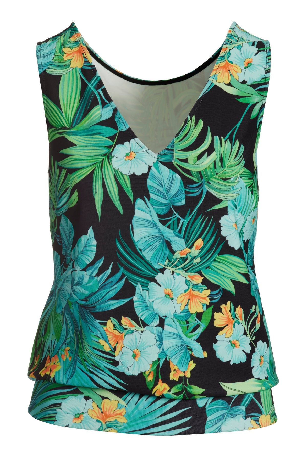BEYOND TRAVEL TROPICAL PRINTED SLEEVELESS BLOUSON TOP Green Multi