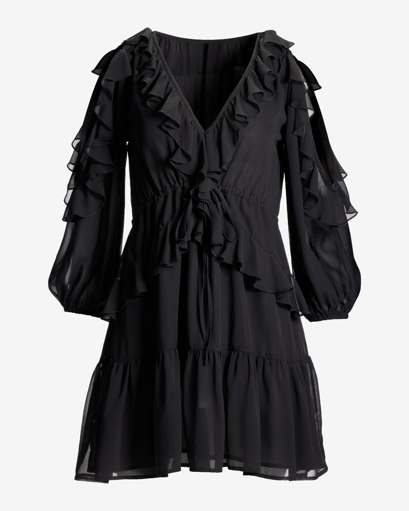 Cold Shoulder Ruffle Detail Boho Peasant Dress Black