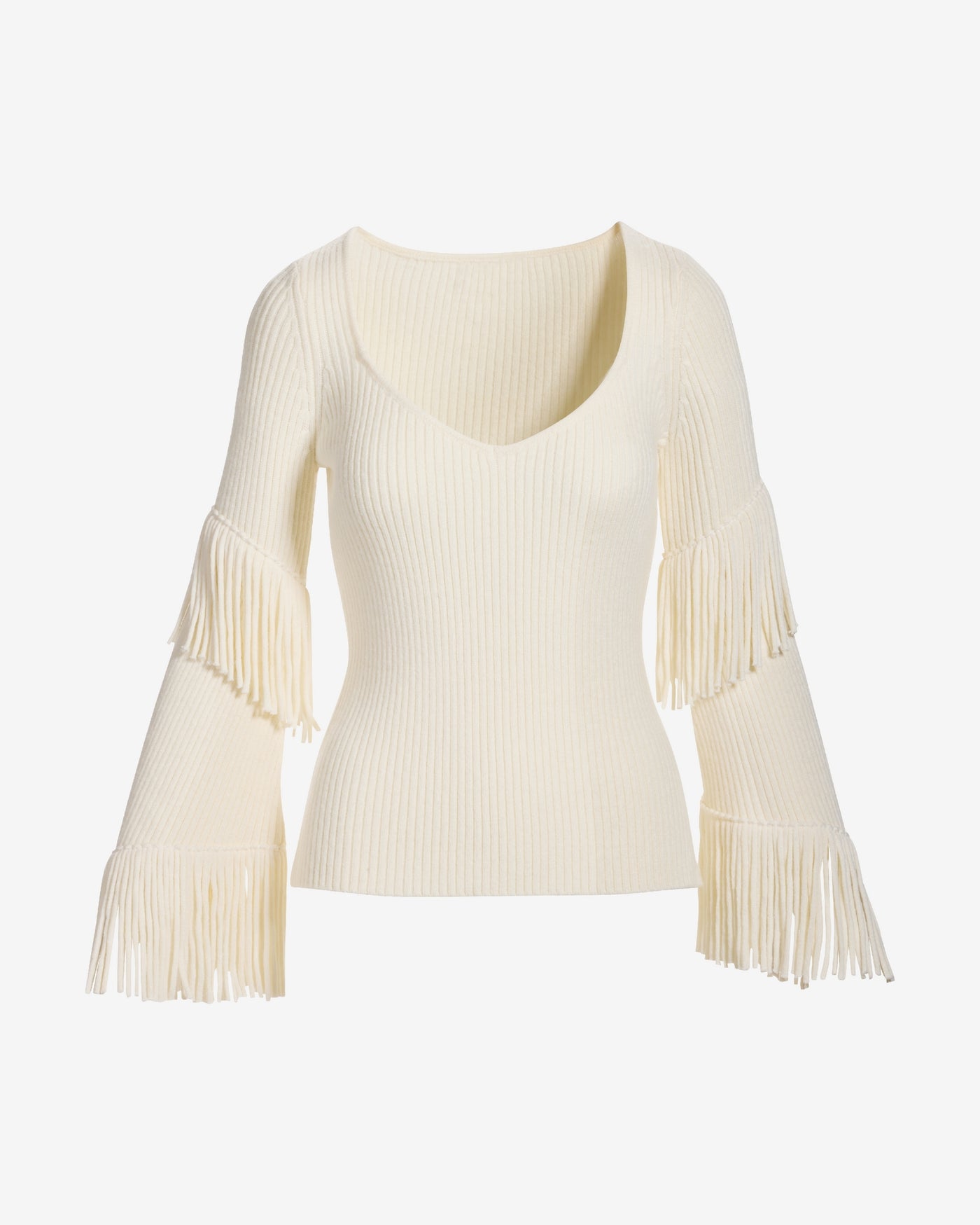 Fringe Sleeve Ribbed Sweater Off White