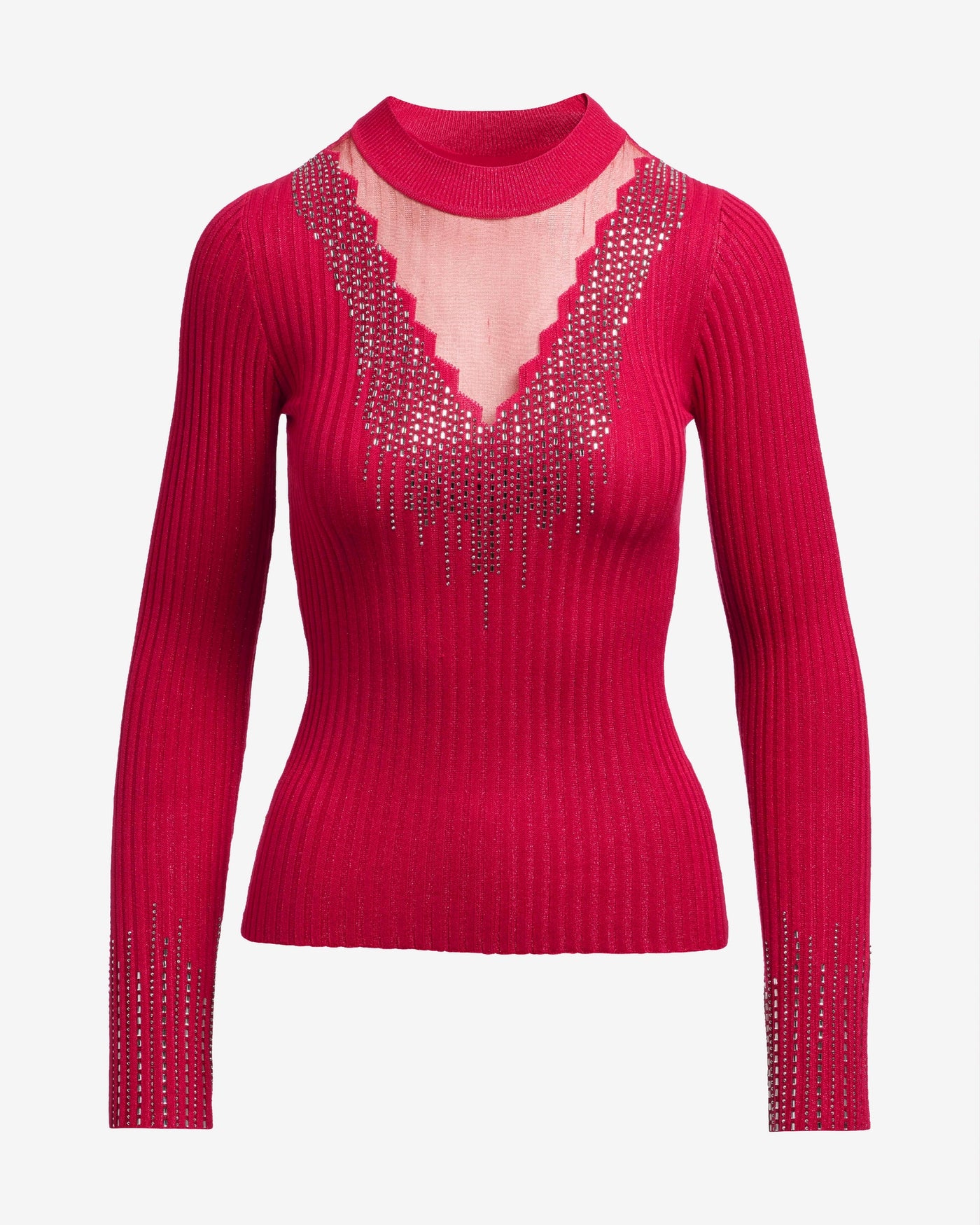 Rhinestone Embellished Mesh Illusion Sweater Lipstick Red