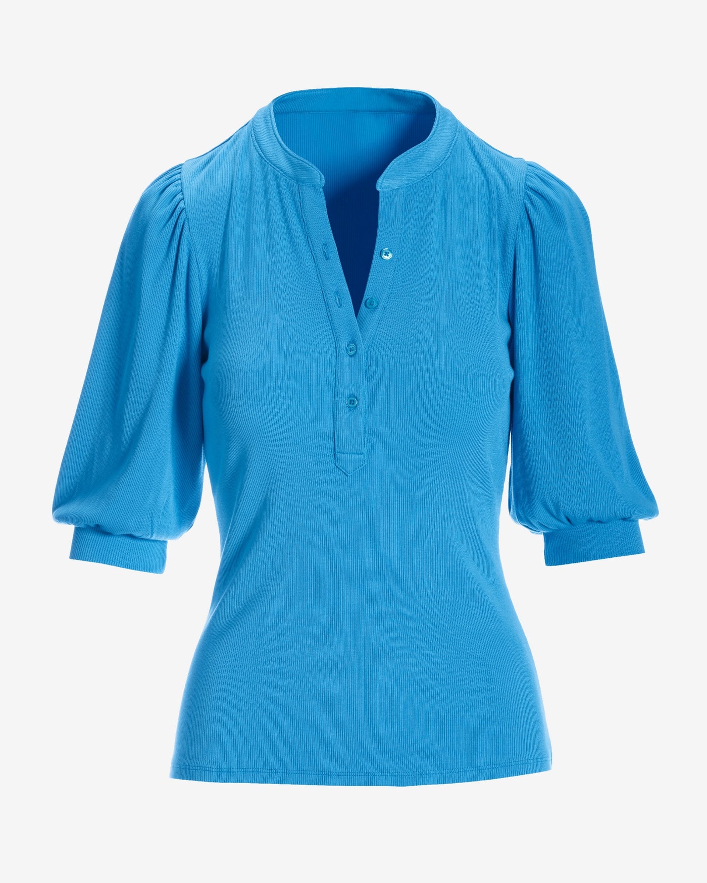 So Essential Ribbed Puff Sleeve Henley Top Malibu Blue